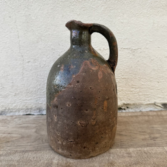 ANTIQUE HANDMADE GLAZED BEIGE BROWN FRENCH TERRA COTTA JUG PITCHER 06022416 - Fleamarketfrance