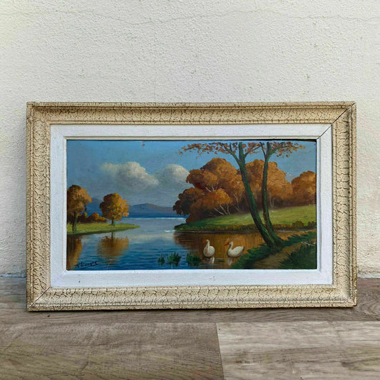 French Landscape Oil Painting Signed Lake Swans Vintage Gilded Frame 3001215 Fleamarketfrance