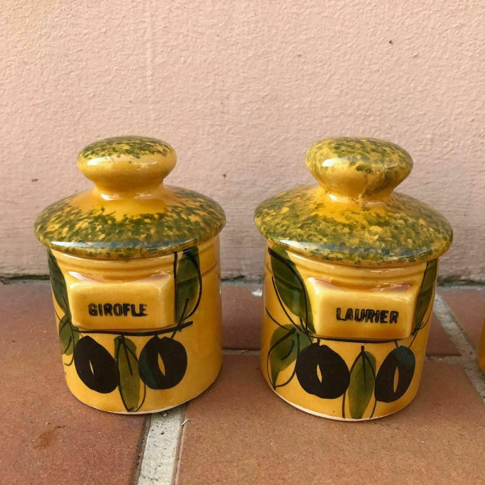 VINTAGE french pottery herbs canister kitchen pots HAND PAINTED 12041716 - Fleamarketfrance