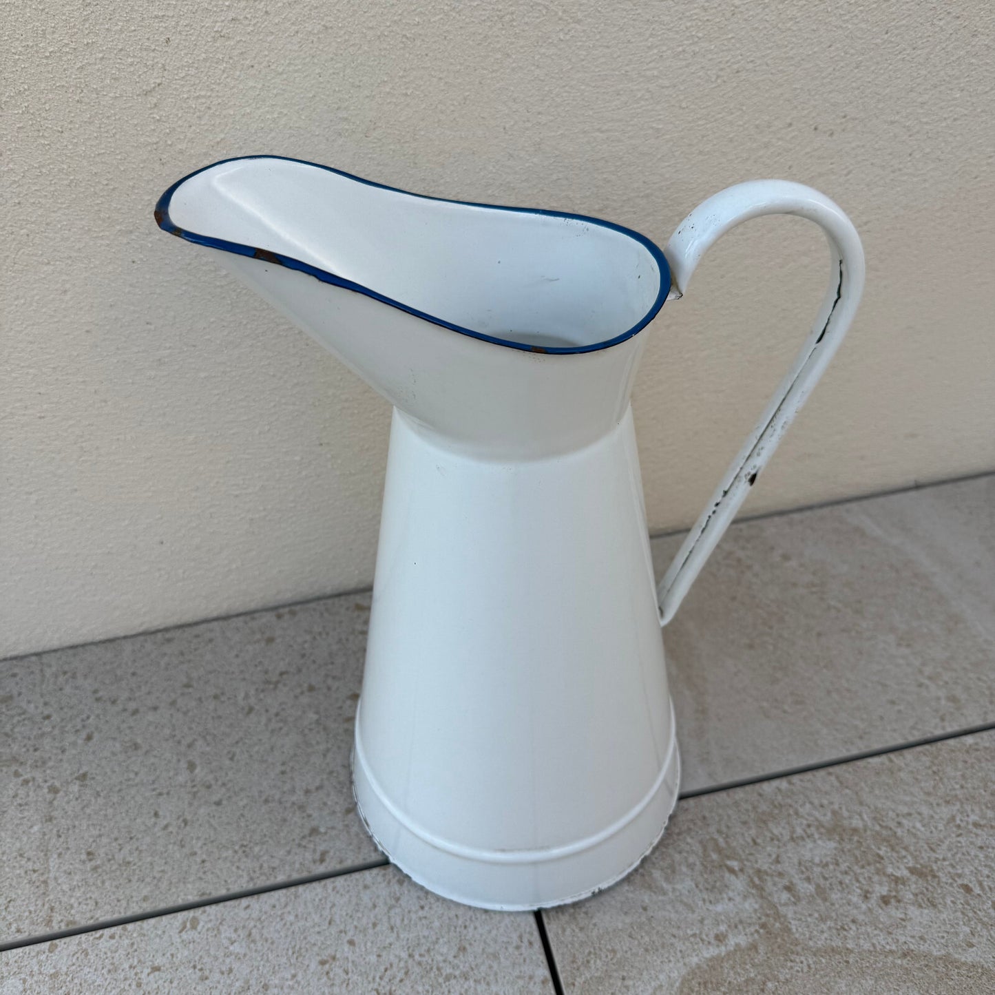French Enamelware Pitcher White Blue Rim Vintage Water Jug 37cm 2205259 Fleamarketfrance