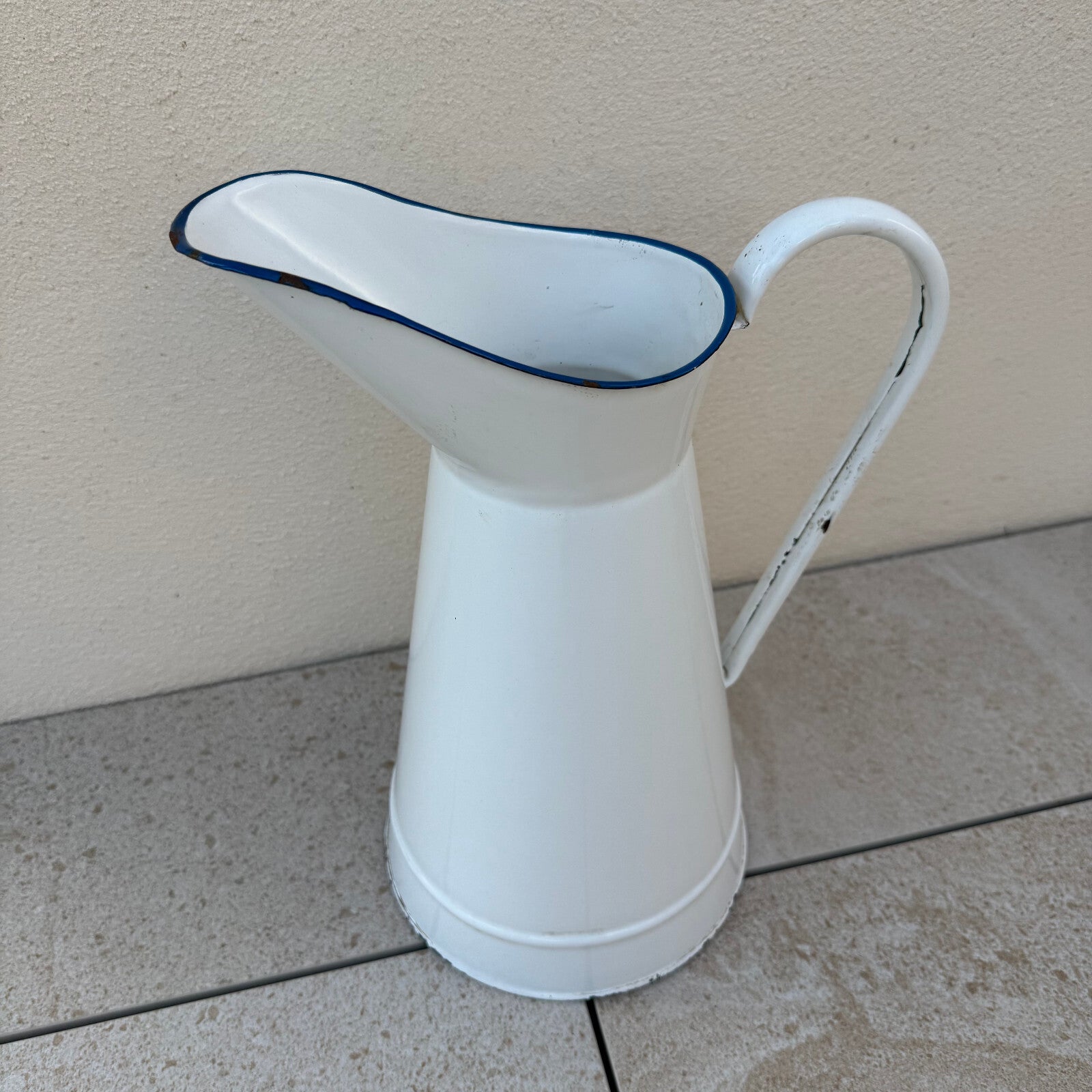 French Enamelware Pitcher White Blue Rim Vintage Water Jug 37cm 2205259 Fleamarketfrance