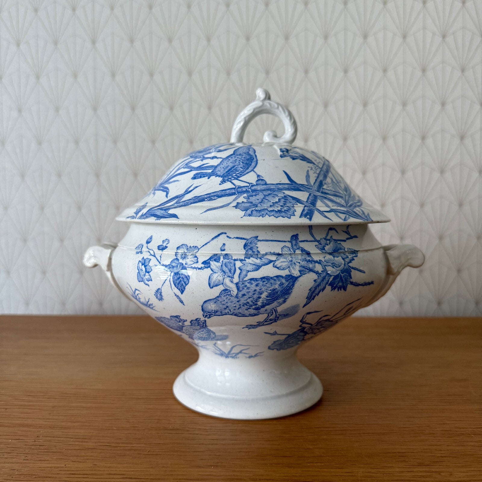 French Blue White Transferware Tureen St Amand Birds Flowers Vintage 1804251 Fleamarketfrance