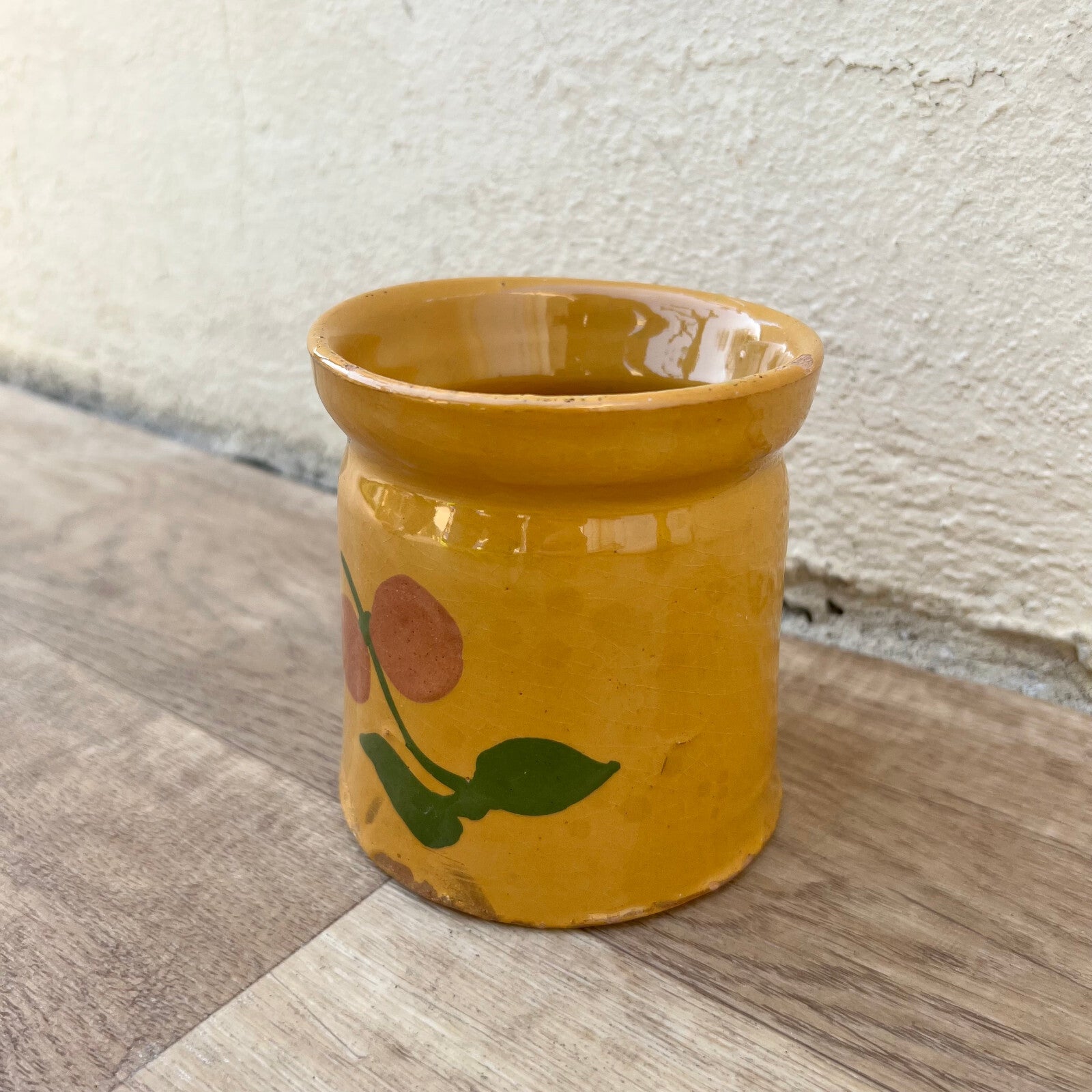 French Confit Pot Antique Yellow Terracotta Floral Pottery 4" 12102413 Unmarked