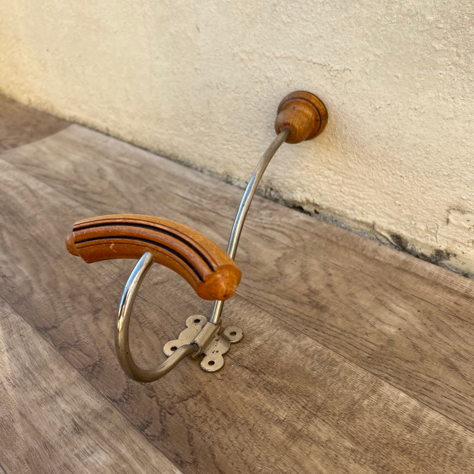 French Vintage Coat Hook Wall Mount Wood Metal Swing Arm 1950s 0903253 Unbranded