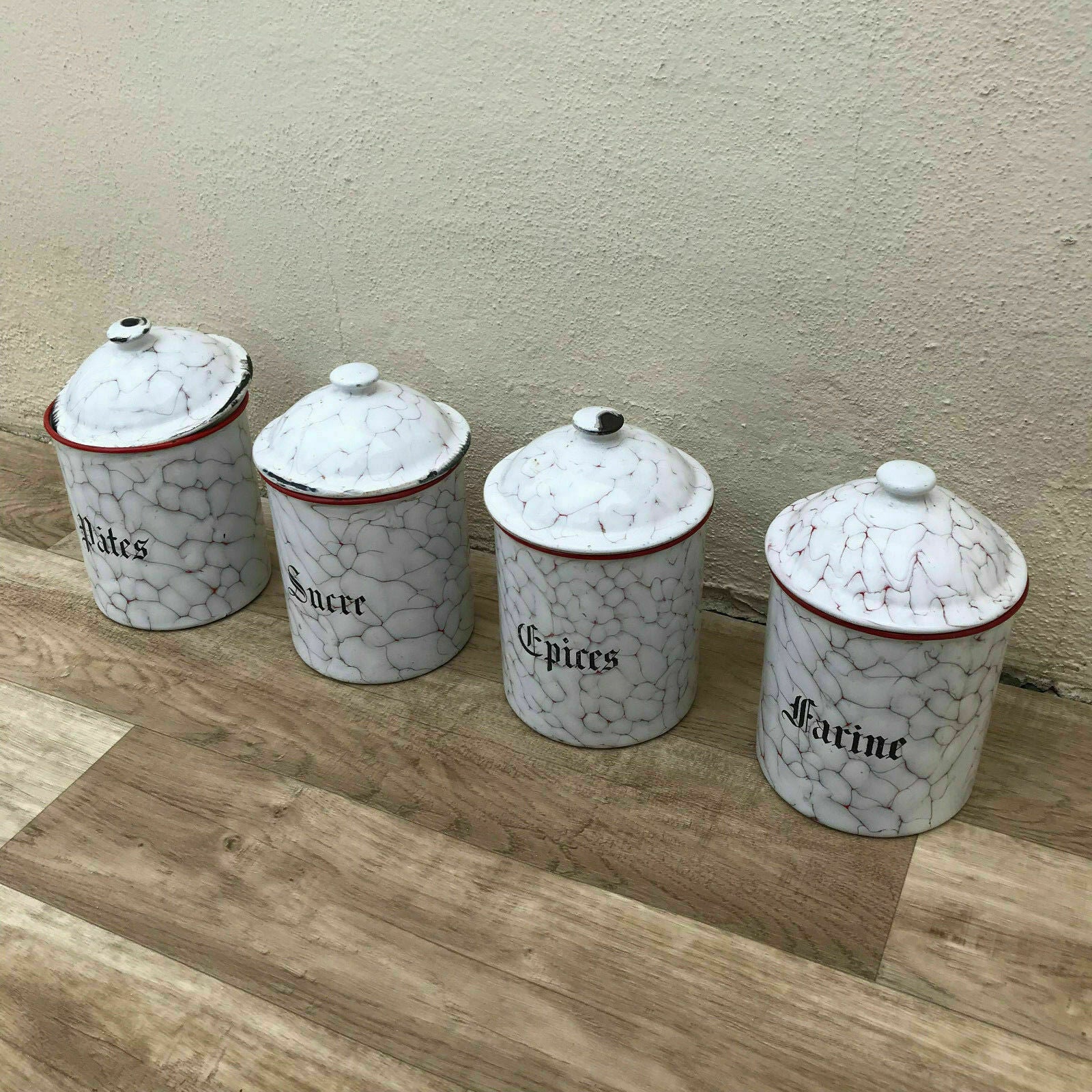 Bistro Francais 4 Canisters Set French Enameled France Vintage 1900 s 30031823 - Fleamarketfrance