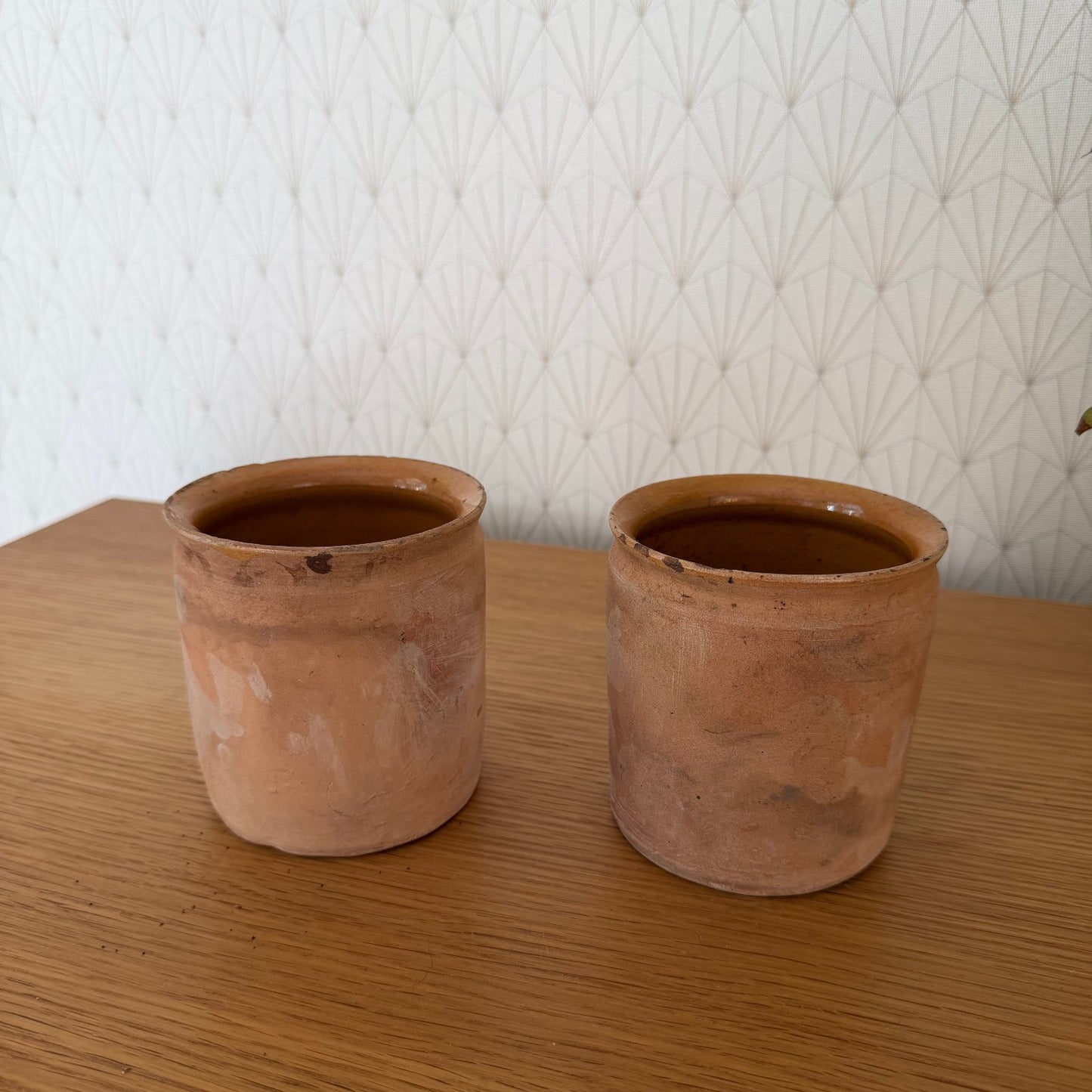 Antique French Confit Pots Pair Handmade Terracotta Kitchen 4" 20102517 Unmarked