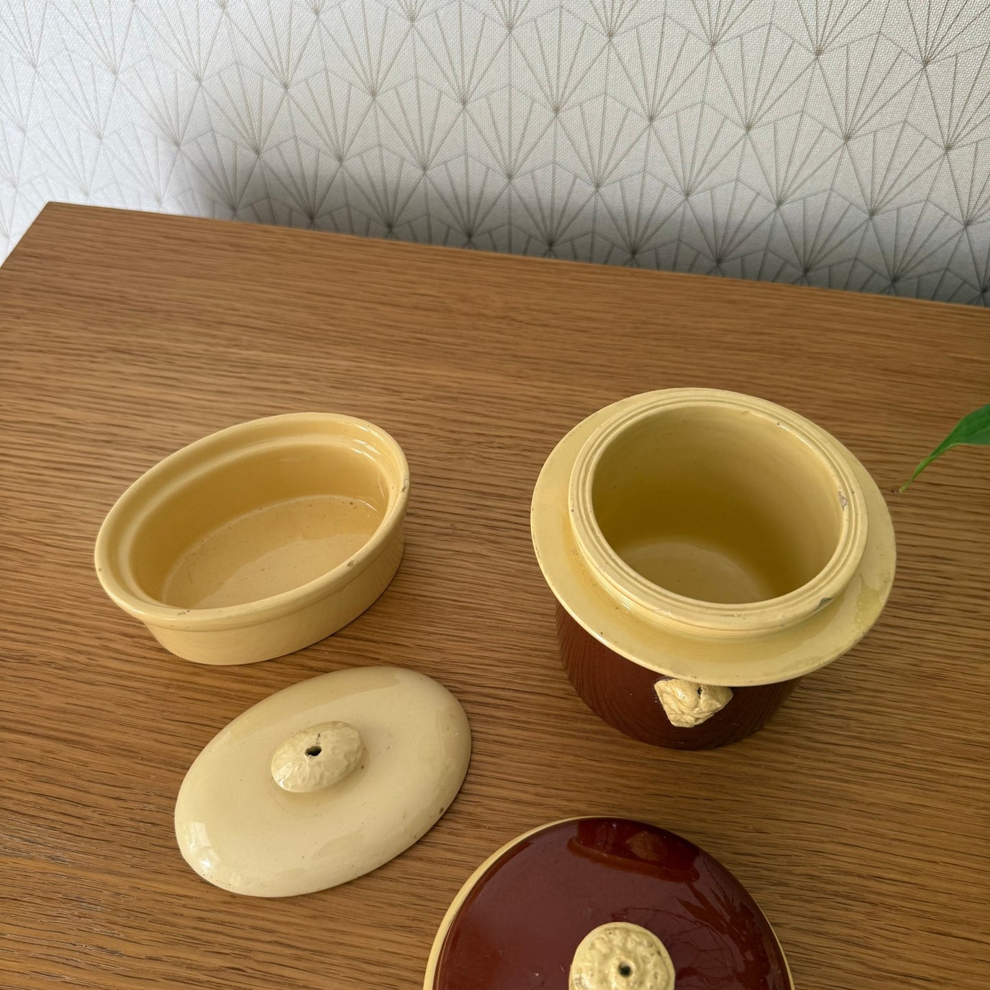French Ceramic Terrines SIMPLEX Foie Gras Brown Yellow Vintage Set 1209253 Unmarked