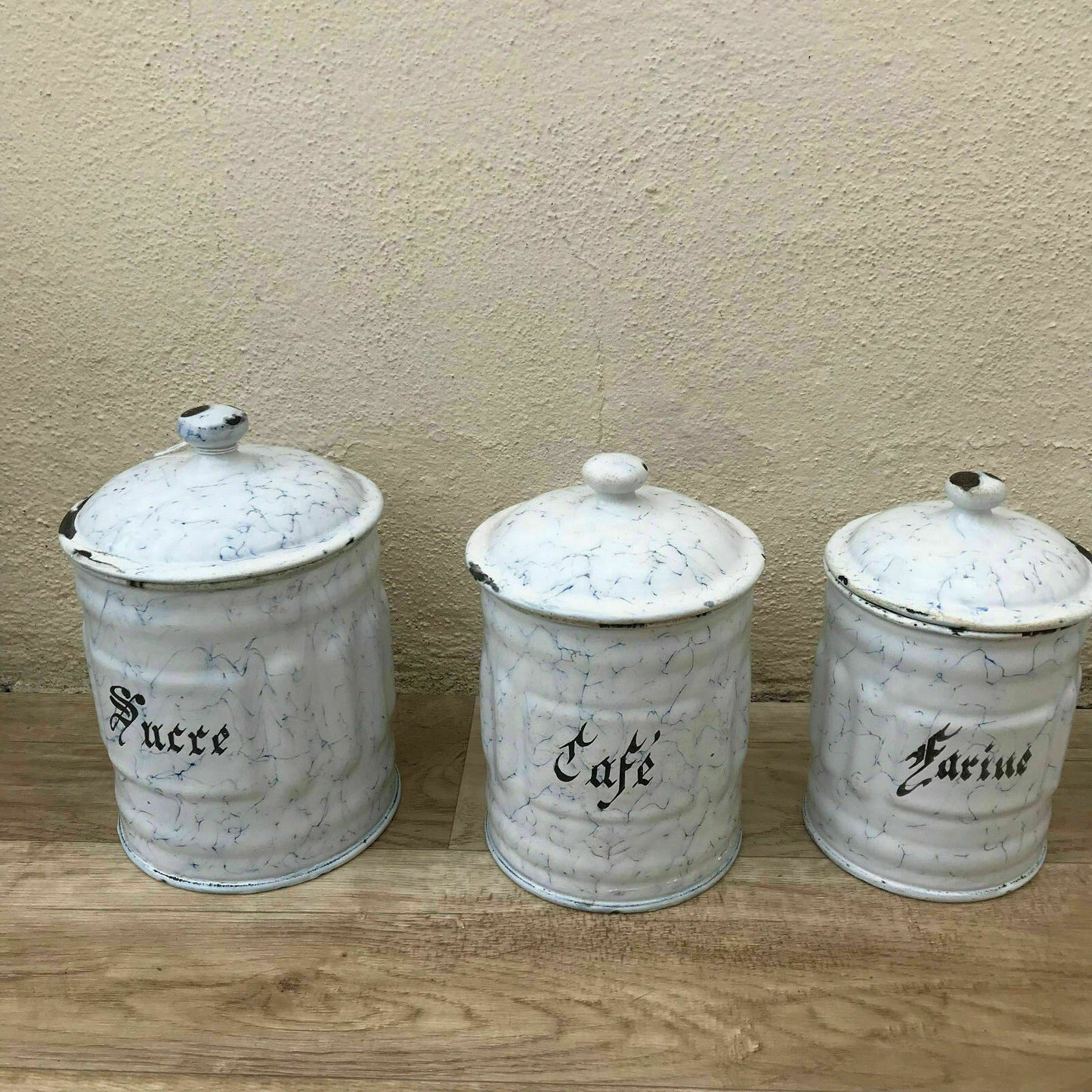 Bistro Francais 6 Canisters Set French Enameled France Vintage 1900 s 07061829 - Fleamarketfrance