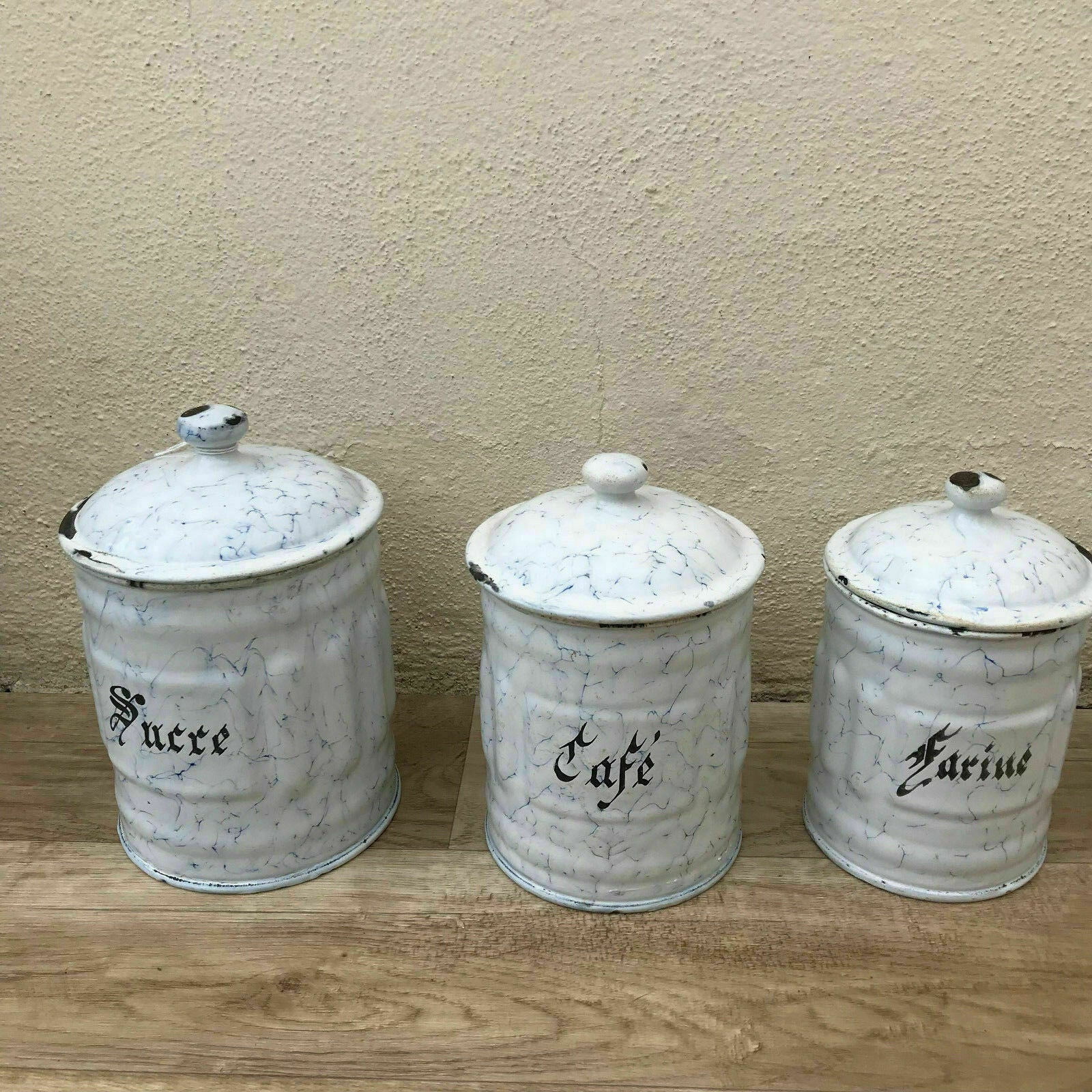 Bistro Francais 6 Canisters Set French Enameled France Vintage 1900 s 07061829 - Fleamarketfrance