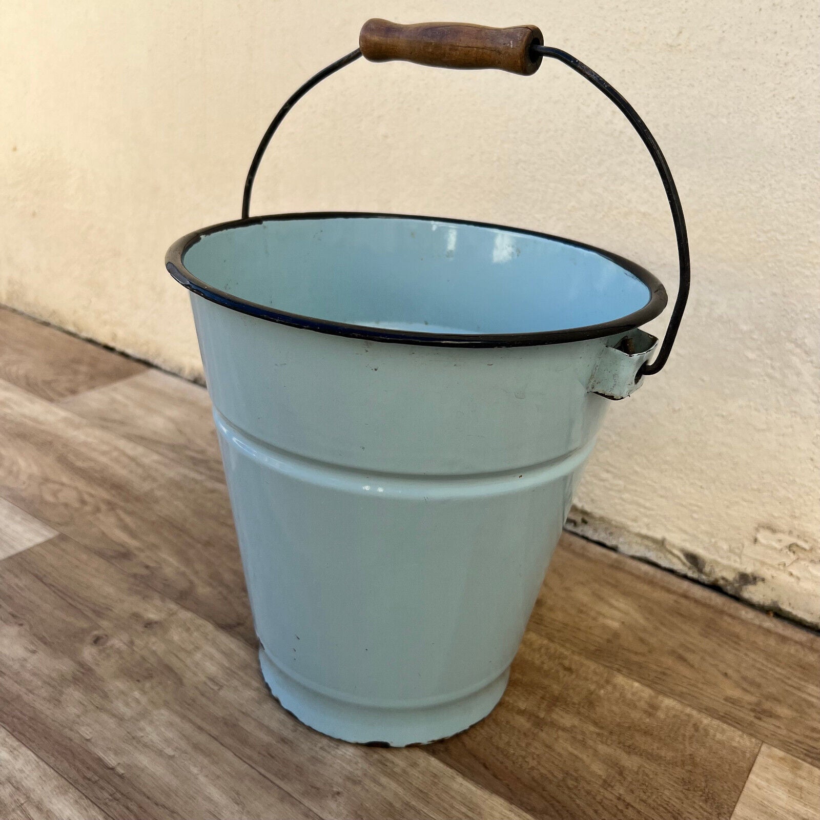 French Enamel Bucket Blue Water Pail Wooden Handle Vintage 17072210 Fleamarketfrance