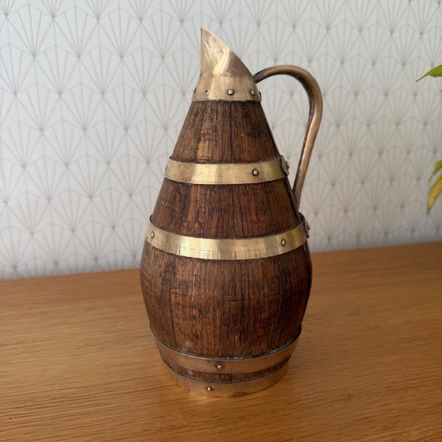 Antique French Wooden Wine Pitcher Staved Wood Brass Bands Cider Jug 0405263 Fleamarketfrance