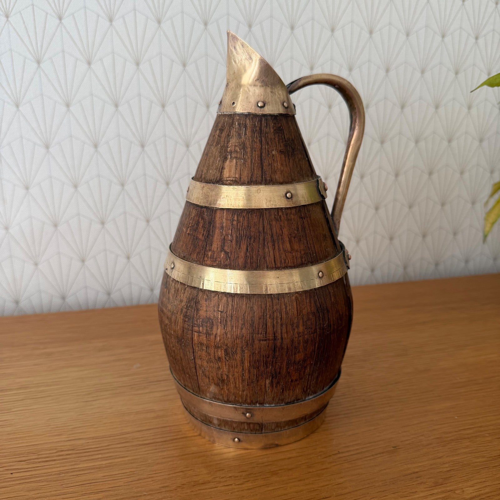 Antique French Wooden Wine Pitcher Staved Wood Brass Bands Cider Jug 0405263 Fleamarketfrance