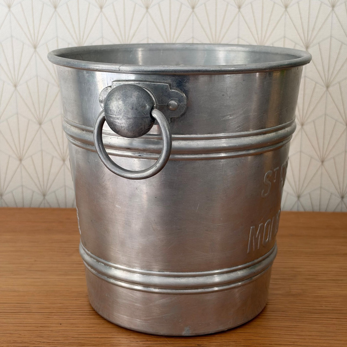 Interior view of French vintage champagne ice bucket showing spun aluminum construction and depth