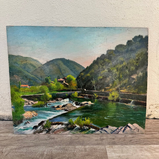 Vintage French Oil Painting Ardeche River Bridge Landscape Signed 0706247 Fleamarketfrance