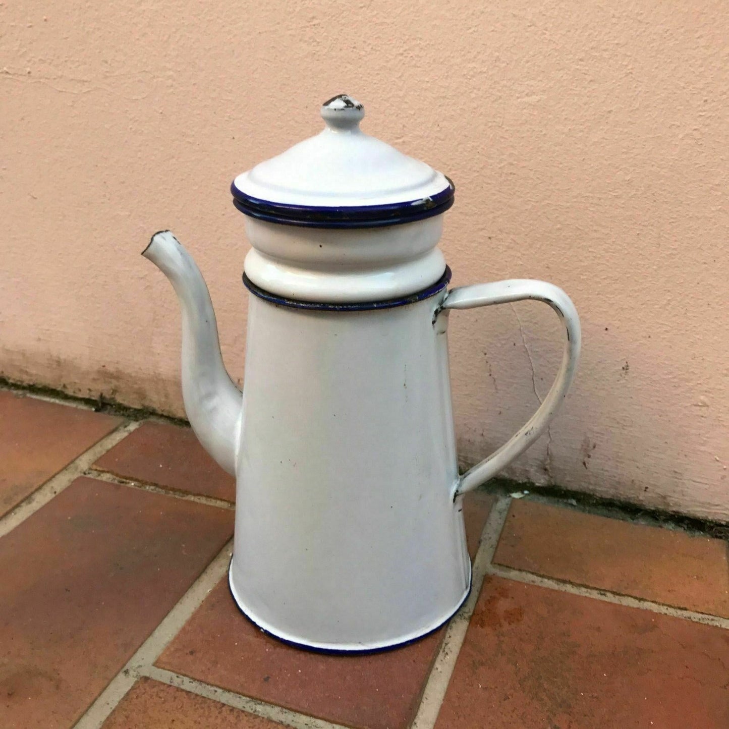 RARE Vintage French Enamelware white and blue Enamel Coffee Pot - Fleamarketfrance