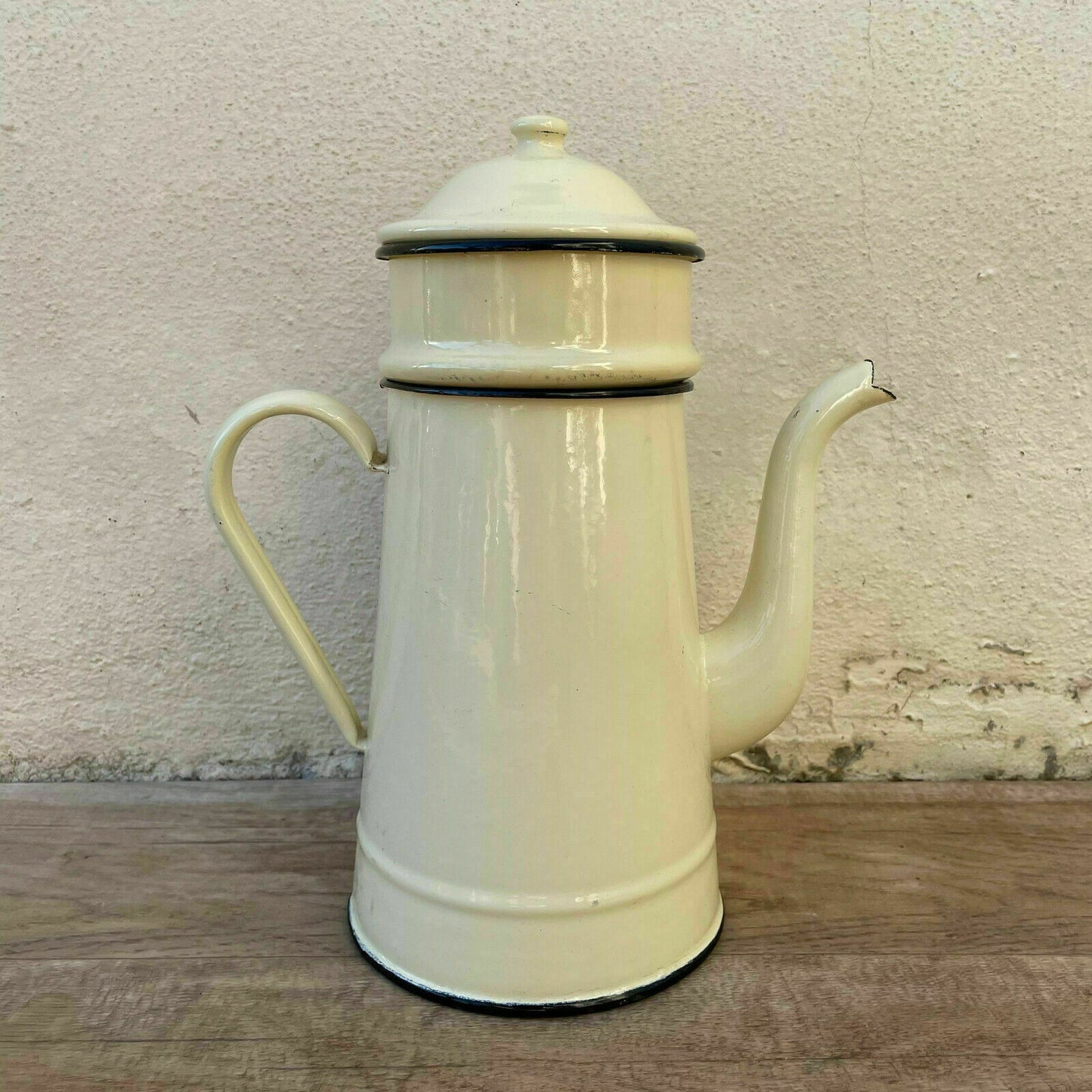 Vintage French Enamelware Enameled BEIGE Enamel Coffee Pot 0311215 - Fleamarketfrance