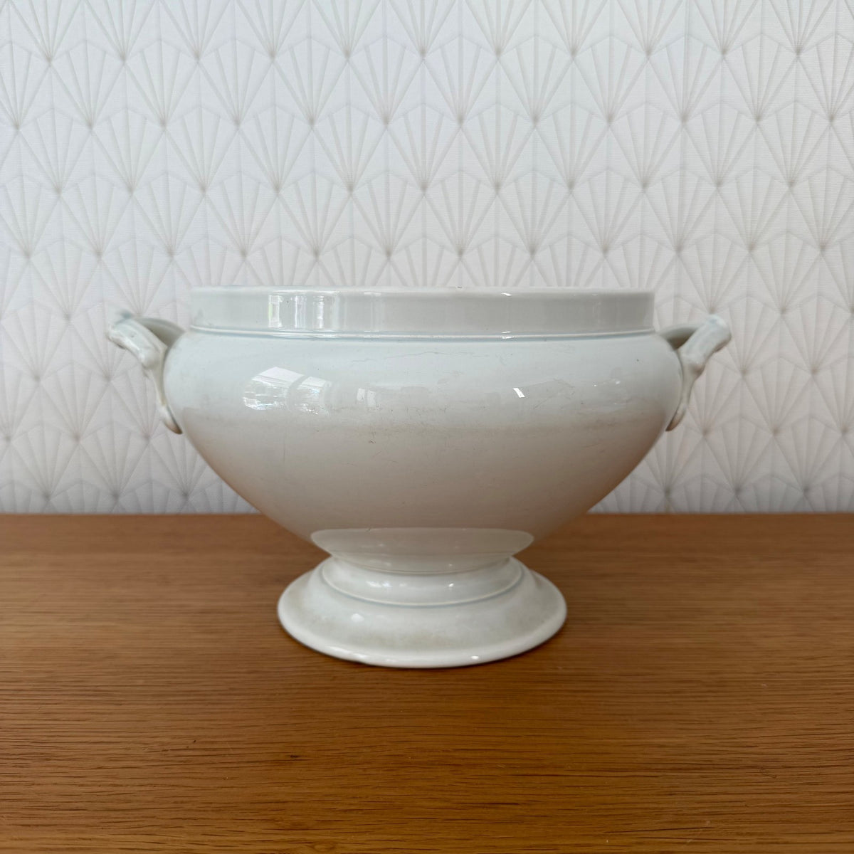 French antique white faience soup tureen with pedestal base and decorative handles