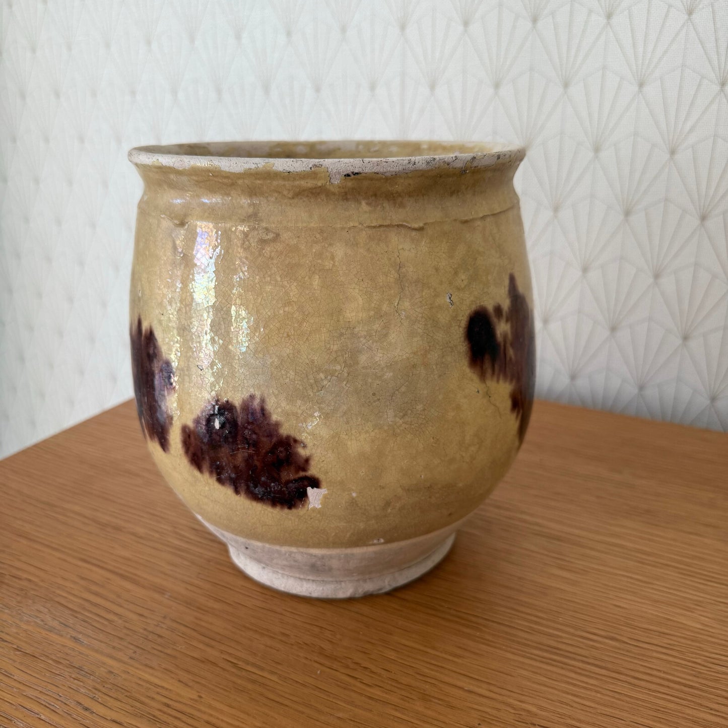 French Confit Pot Antique Yellow Terracotta Round Handmade 7¾" 0911247 Unmarked