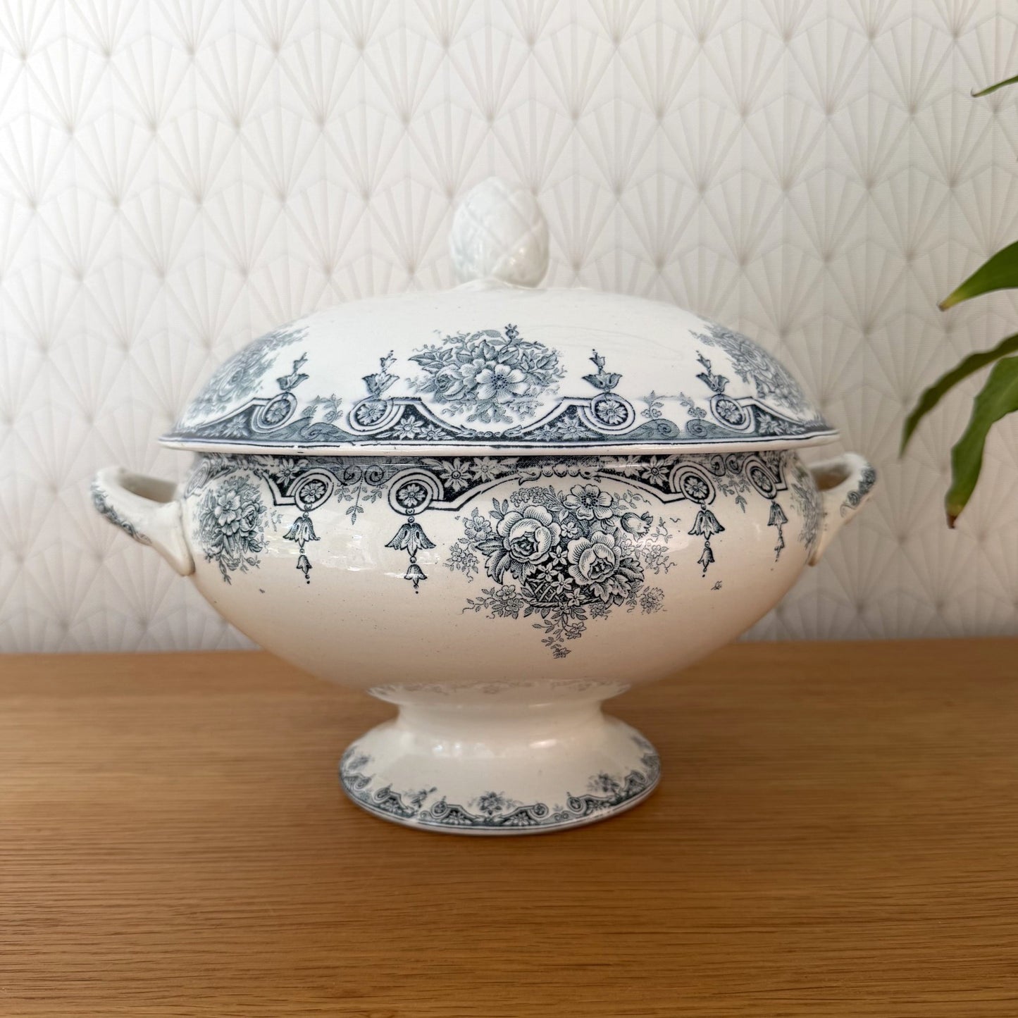 French Tureen Earthenware White Blue Fruits Bowl Terre De Fer  2210251