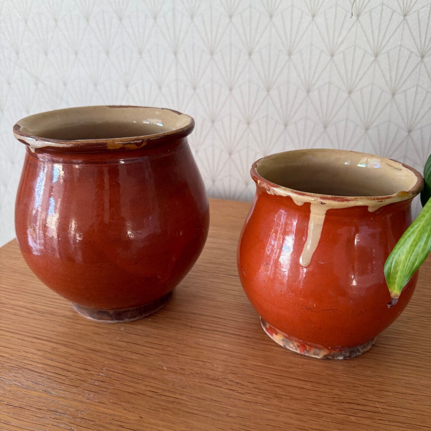 2 HANDMADE GLAZED RED YELLOW ANTIQUE 1850 FRENCH HONEY POTS TERRACOTTA 01122411 - Fleamarketfrance