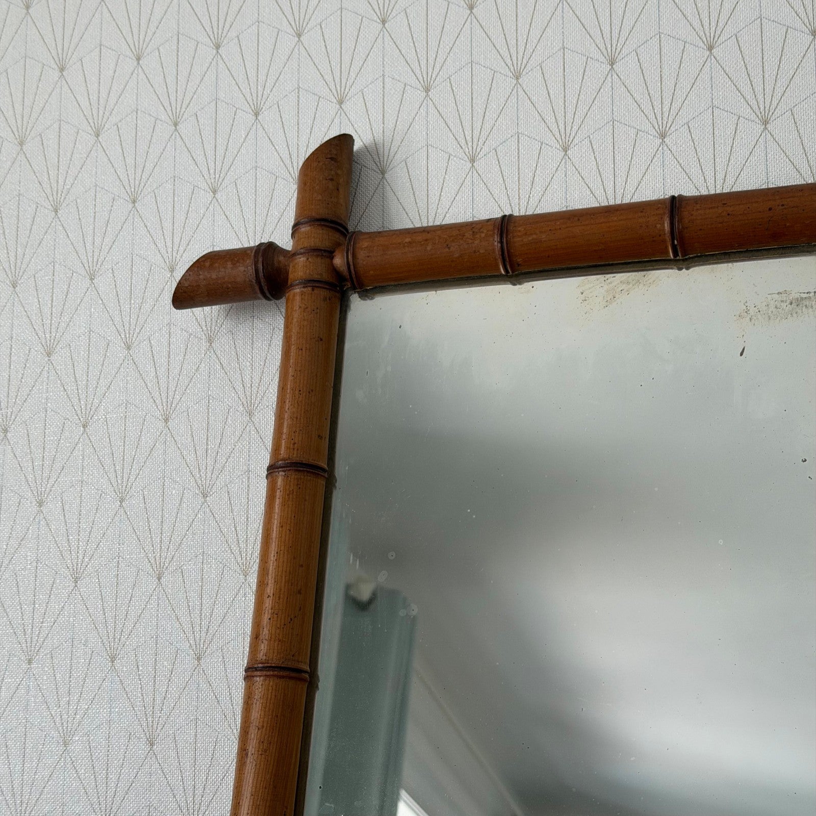 Vintage French Faux Bamboo Wall Mirror Wood Frame 19" x 25" 25052611 Fleamarketfrance