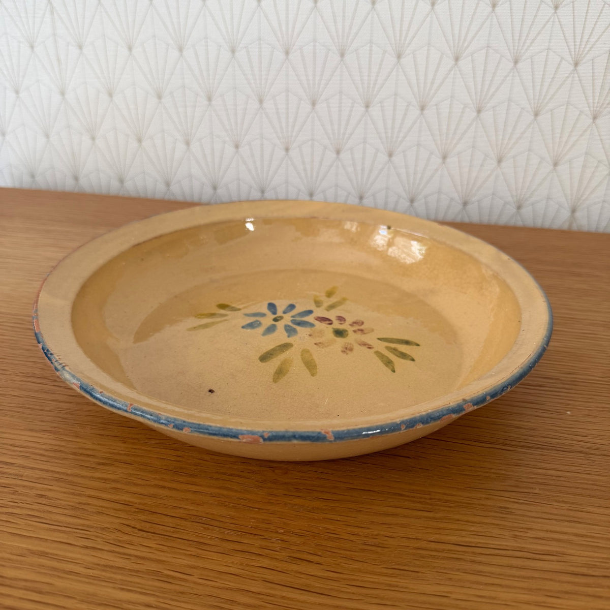 Antique French Terracotta Plate Ochre Glaze Floral Decor 04092627