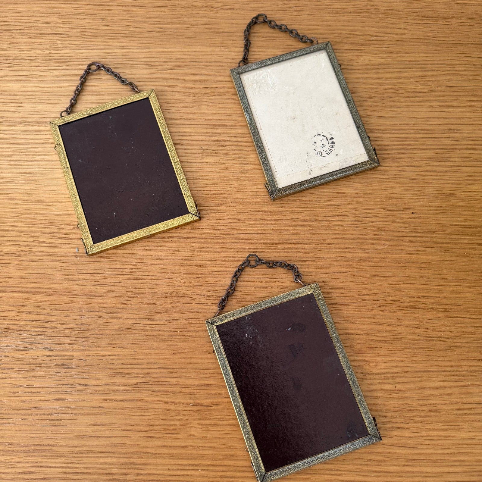 Vintage French Brass Picture Frames Set Chain Hanging Glass 3pc 0211252 Fleamarketfrance : French vintage and antique decor