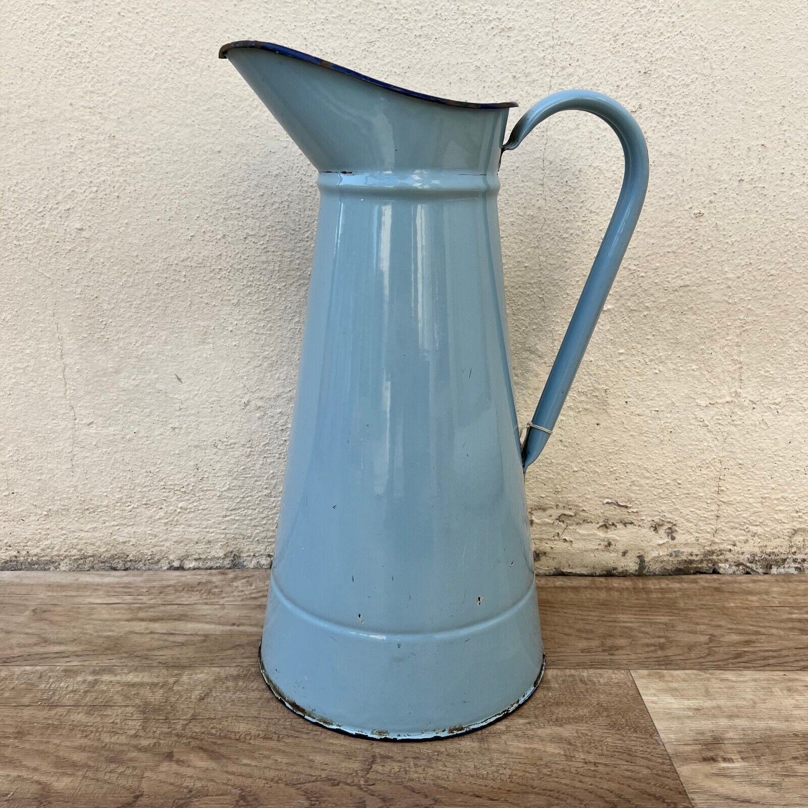 Vintage French Enamel pitcher jug water enameled blue grey 1512244 - Fleamarketfrance