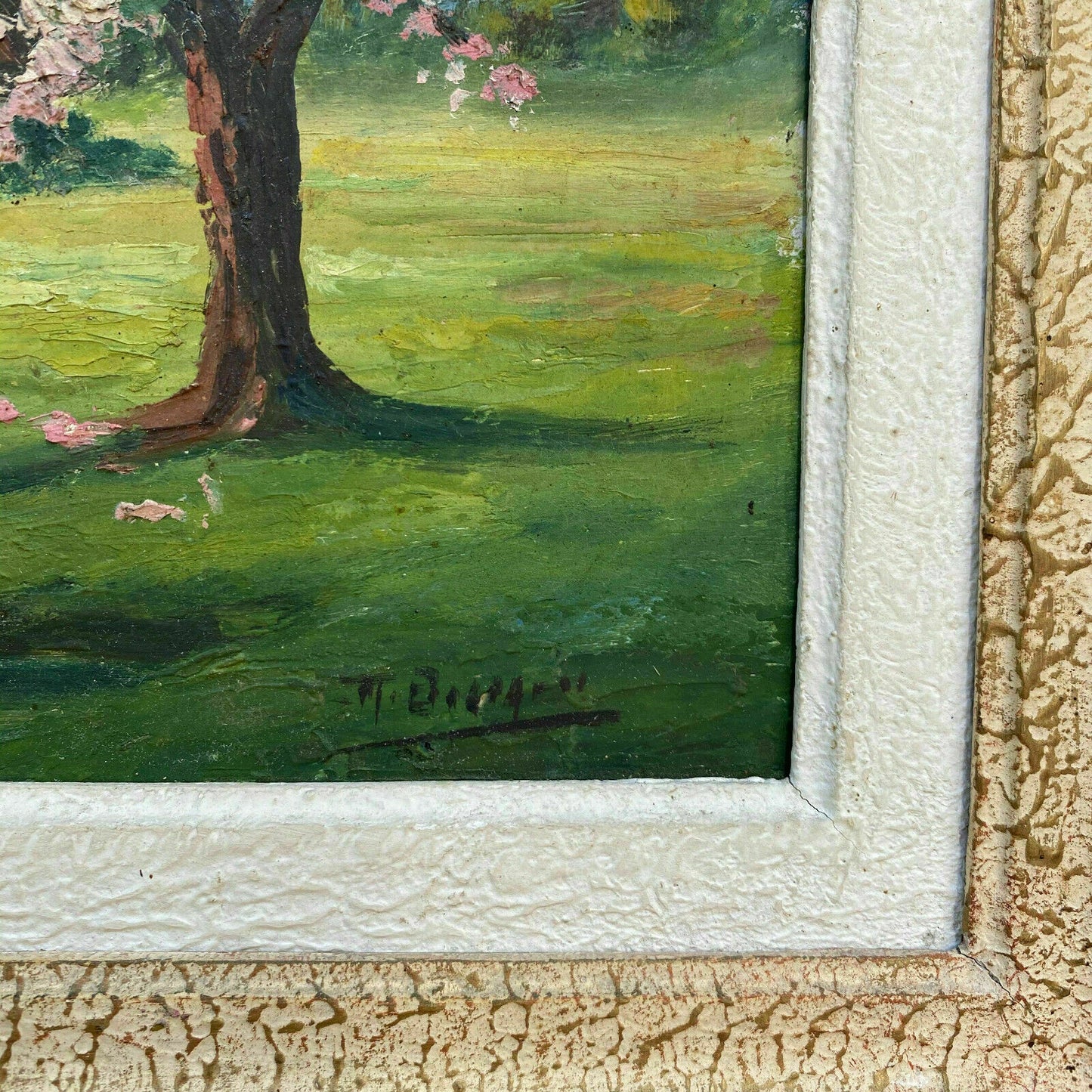 Vintage French Landscape Painting Signed Spring Cherry Blossoms 3001216 Fleamarketfrance