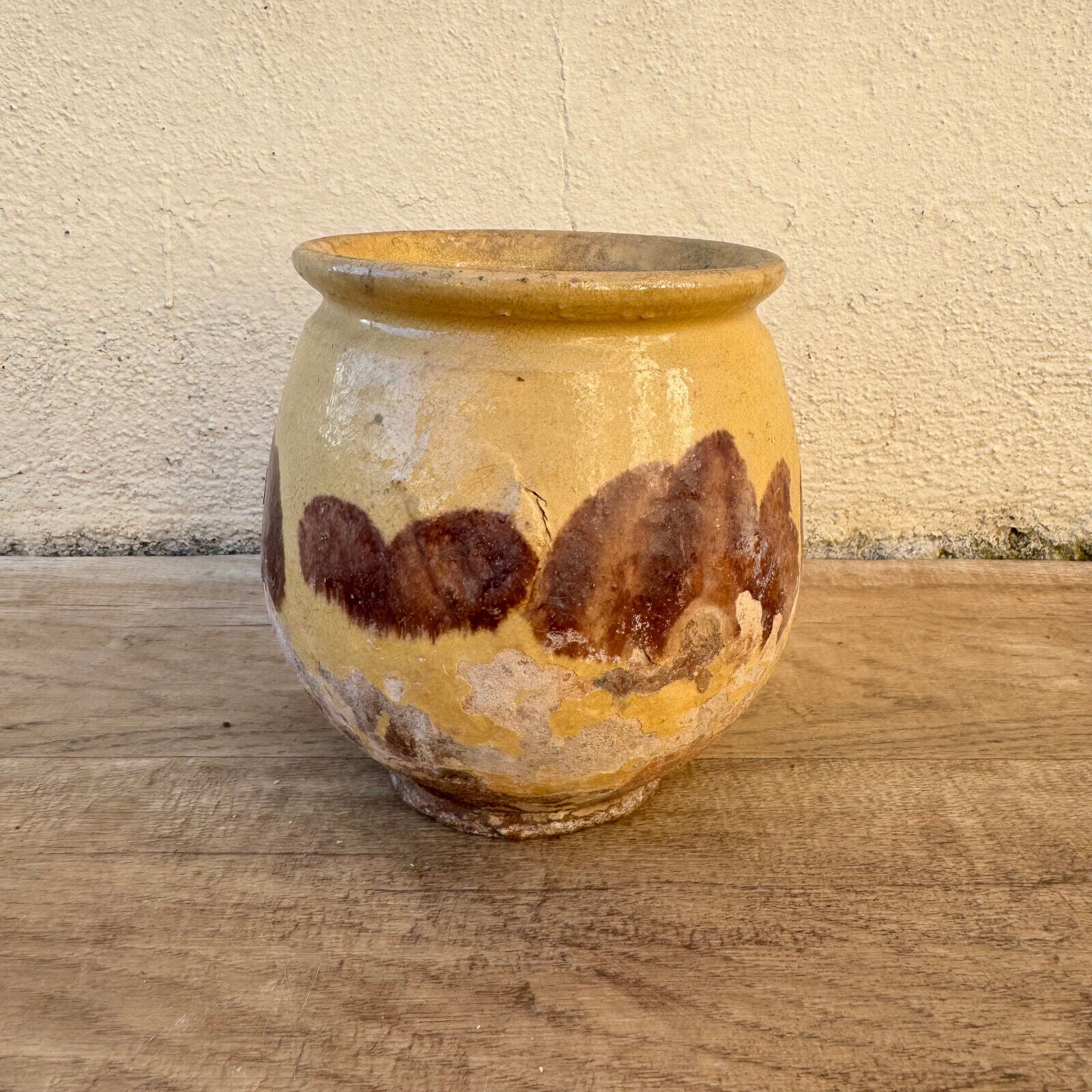 HANDMADE GLAZED BROWN YELLOW ANTIQUE FRENCH HONEY POT TERRACOTTA 1202257 - Fleamarketfrance