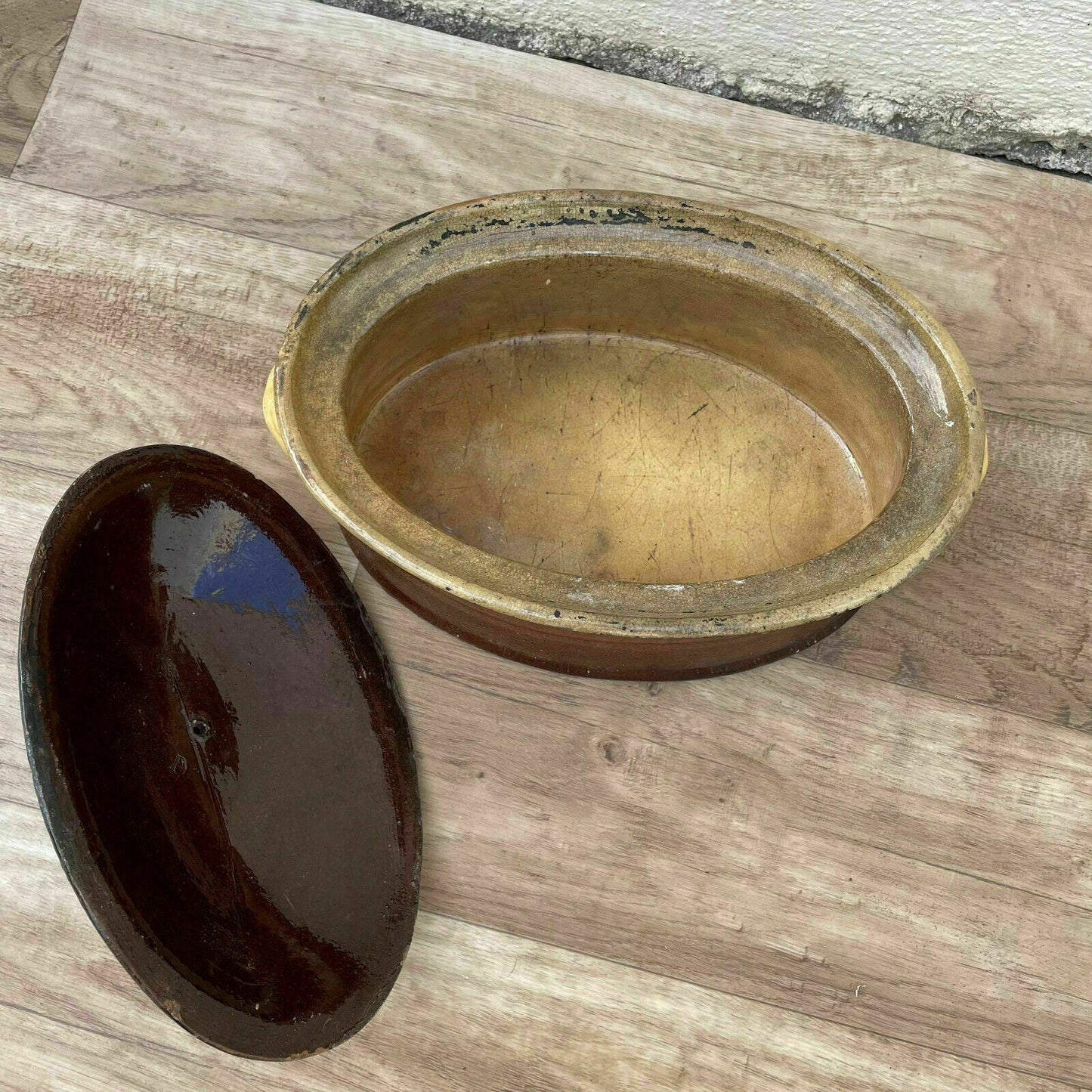 Vintage FRENCH GLAZED LIDDED CLAY TERRINE CIRCA 1930 2110215 - Fleamarketfrance