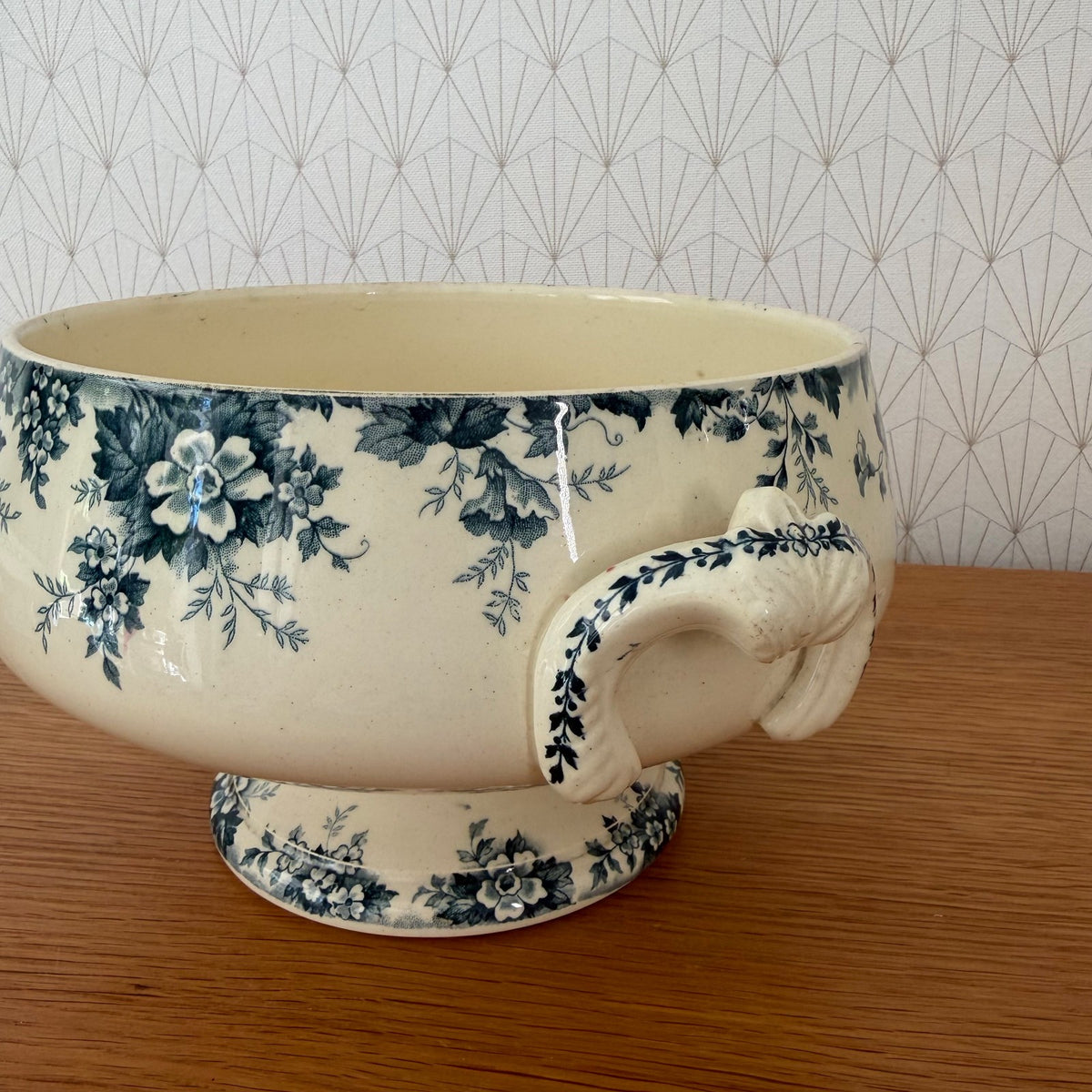 Side view of French St Amand transferware tureen with handles and decorative blue floral design