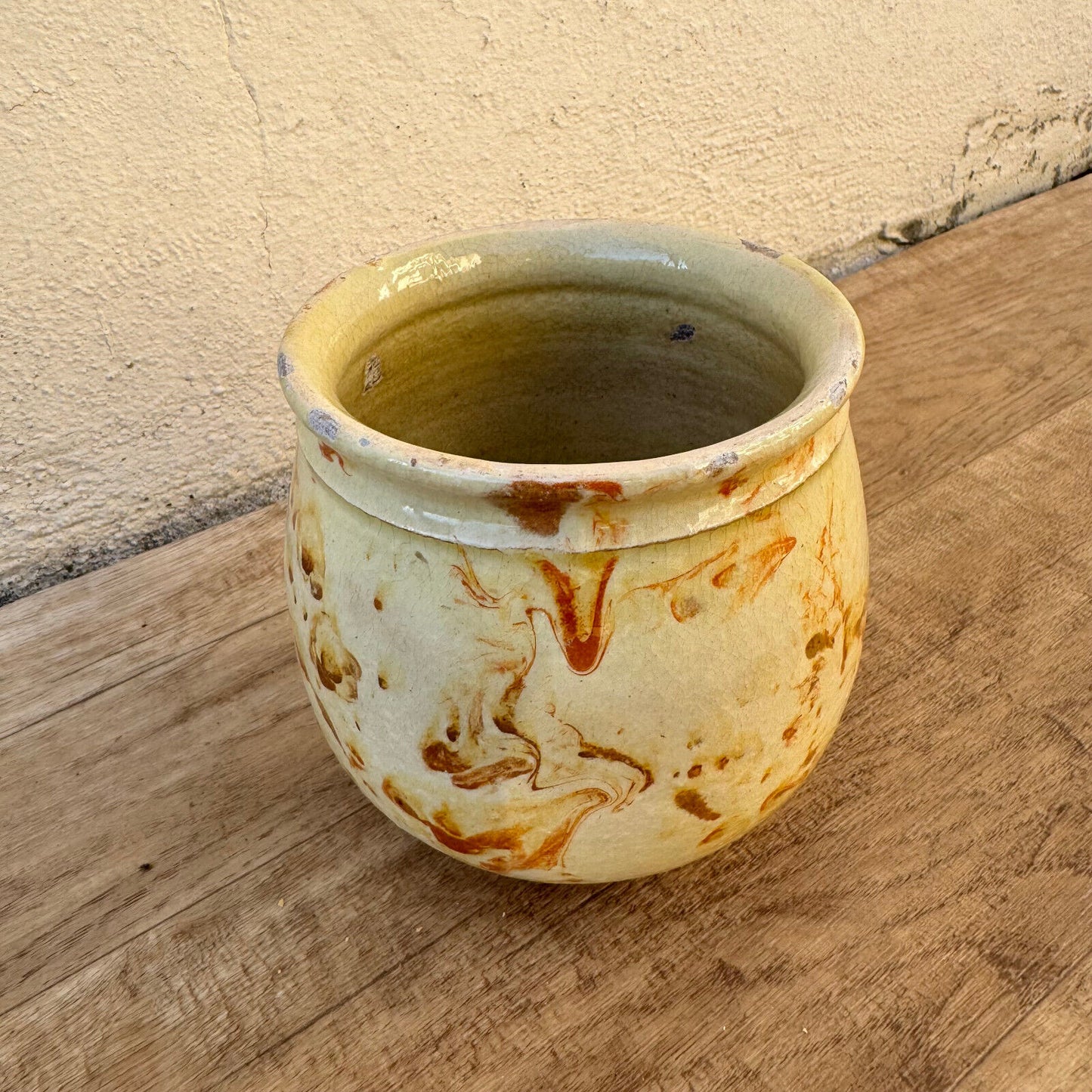 HANDMADE GLAZED BROWN YELLOW ANTIQUE FRENCH HONEY POT TERRACOTTA 1202259 - Fleamarketfrance