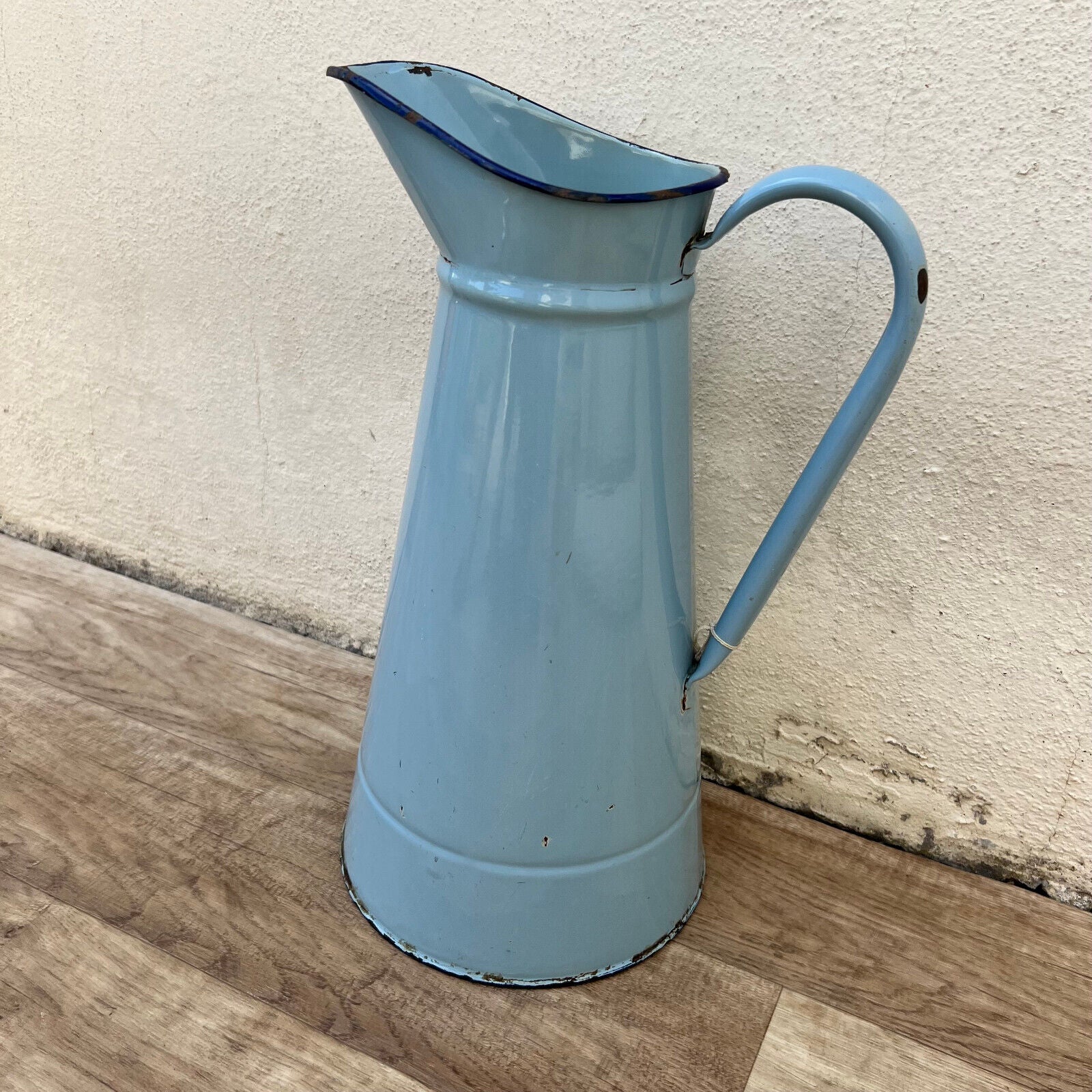 Vintage French Enamel pitcher jug water enameled blue grey 1512244 - Fleamarketfrance