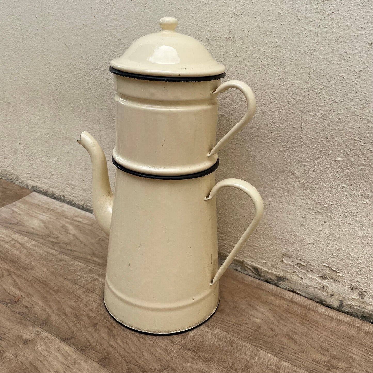 TALL Vintage French Enamelware Enameled Beige Enamel Coffee Pot 18032510