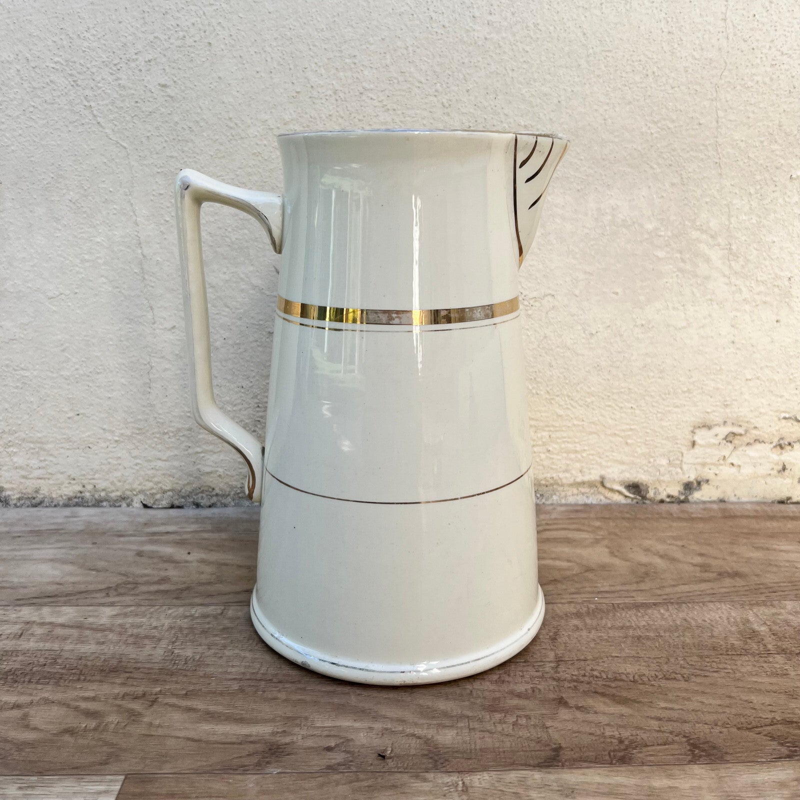 French Enamel Pitcher White Gold St Amand Hamage Water Jug 06102411 Fleamarketfrance