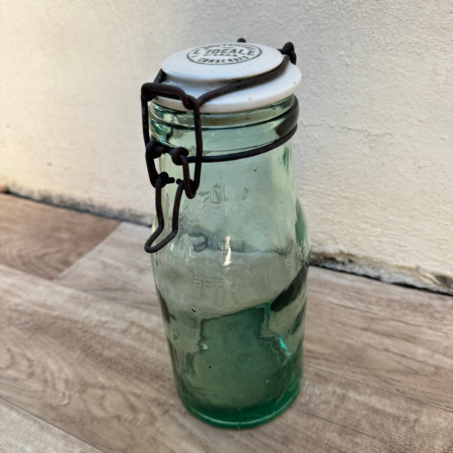 L'Ideal French Canning Jar Vintage Green Glass Porcelain Lid 9" 18102310 Fleamarketfrance