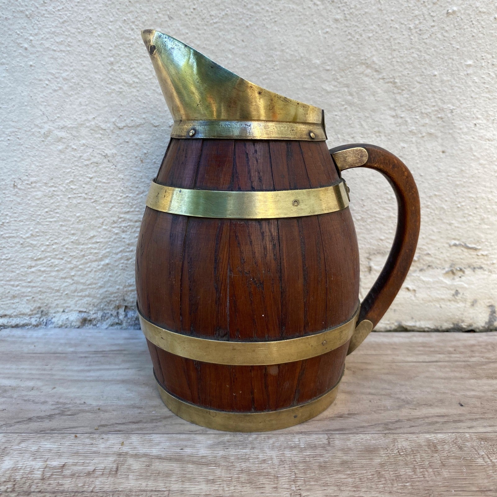 Antique French Wooden Wine Pitcher Staved Wood Brass Bands Cider Jug 07072610 Fleamarketfrance