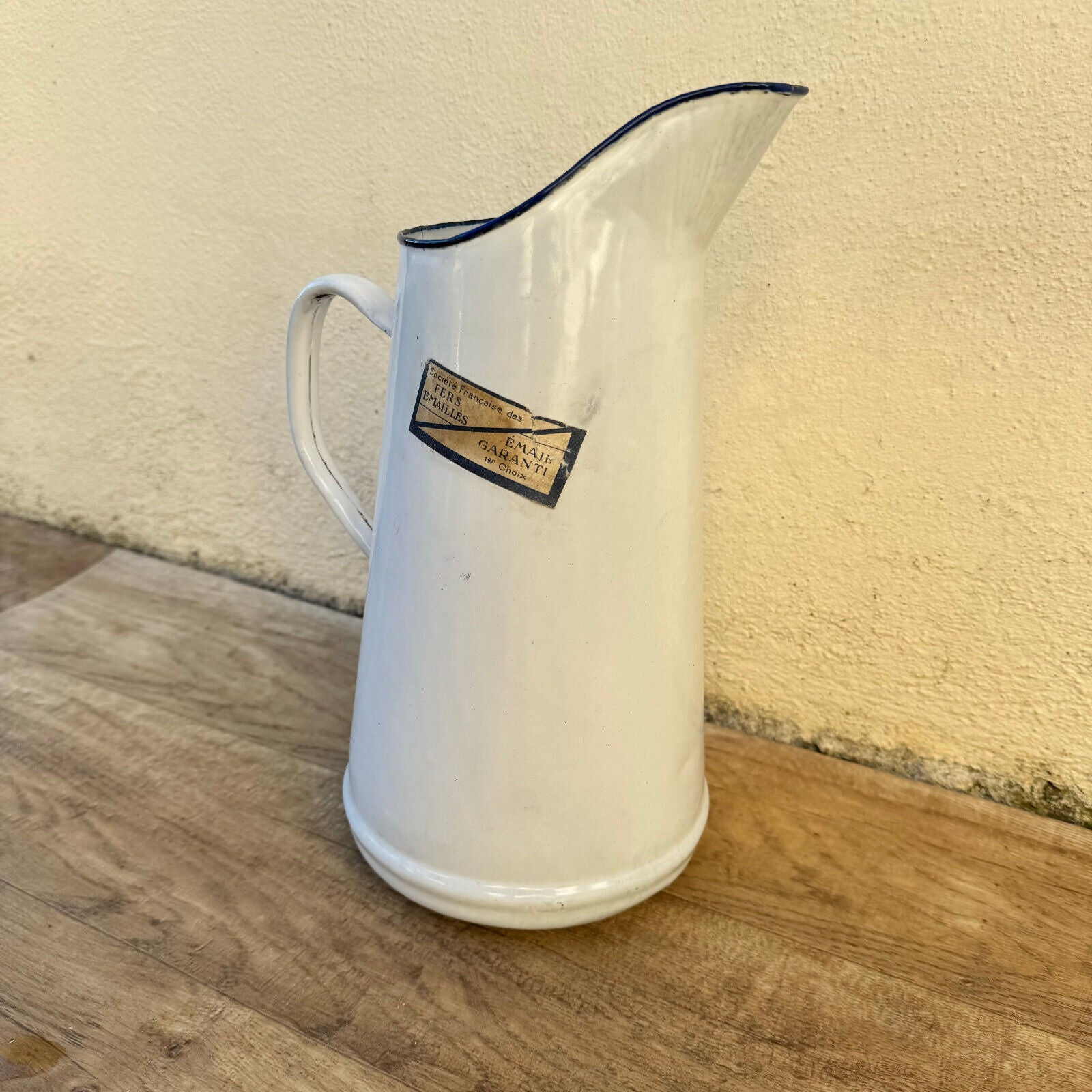 Vintage French Enamel Pitcher Jug Water Enameled White with Tag 1302255 - Fleamarketfrance