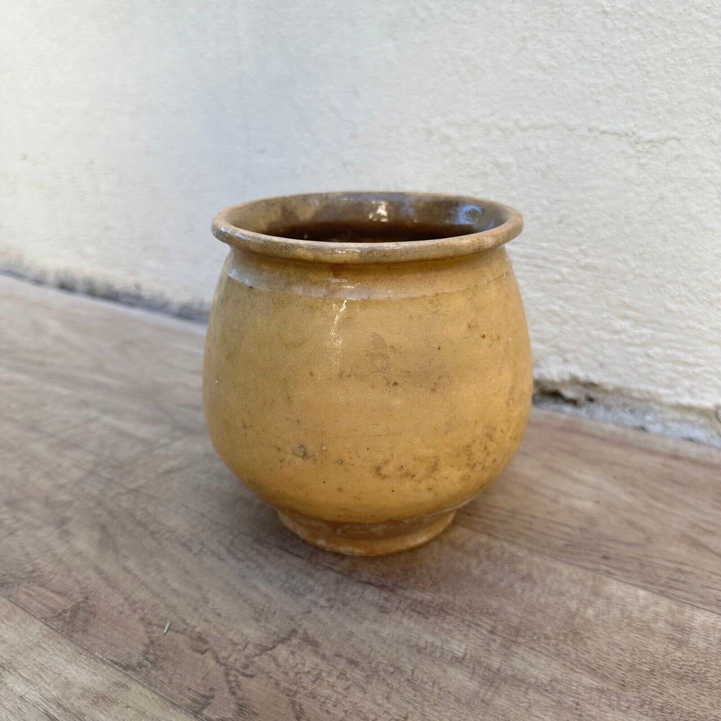 HANDMADE GLAZED YELLOW ANTIQUE FRENCH CONFIT POT SMALL TERRACOTTA 4 3/4" 2407237 - Fleamarketfrance