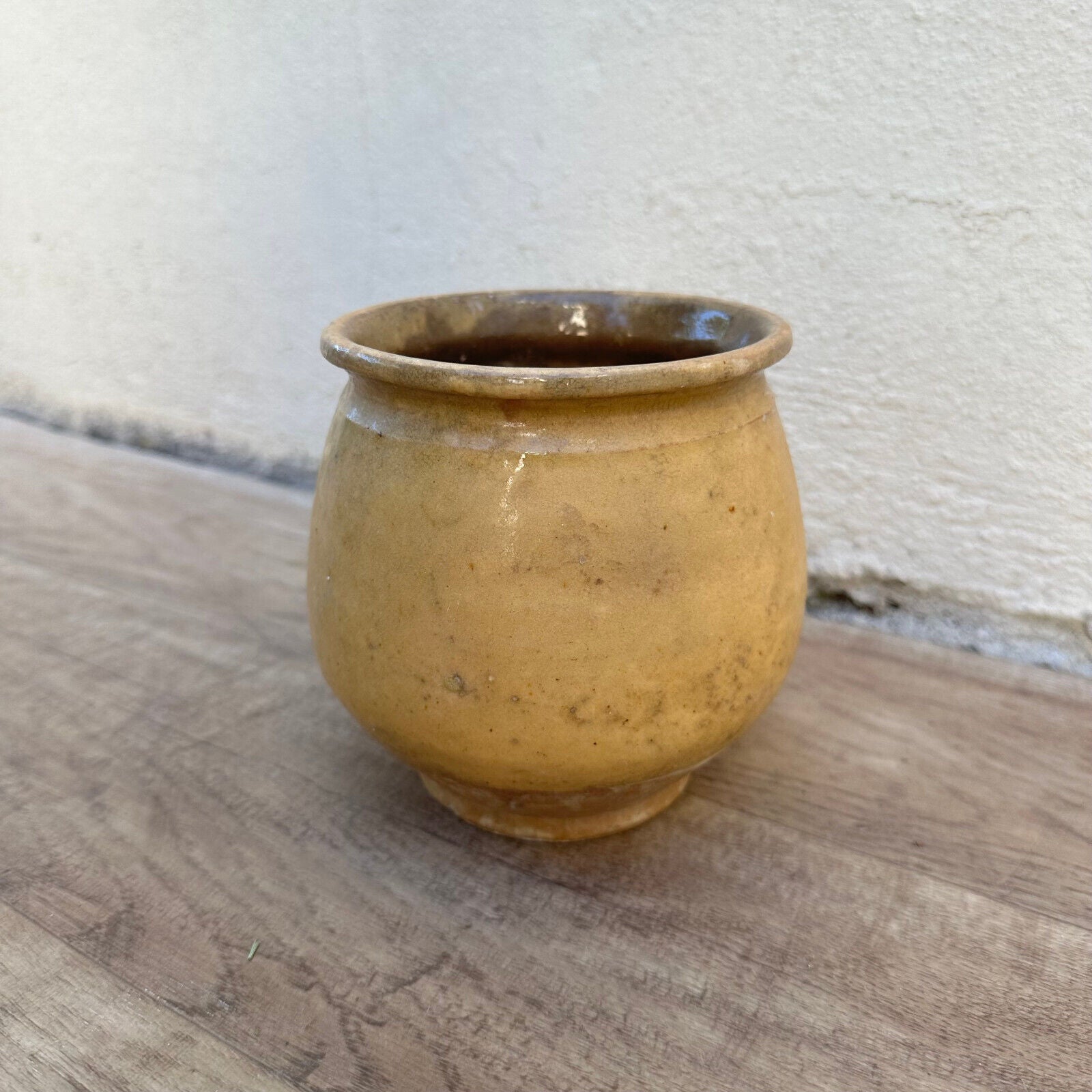 HANDMADE GLAZED YELLOW ANTIQUE FRENCH CONFIT POT SMALL TERRACOTTA 4 3/4" 2407237 - Fleamarketfrance