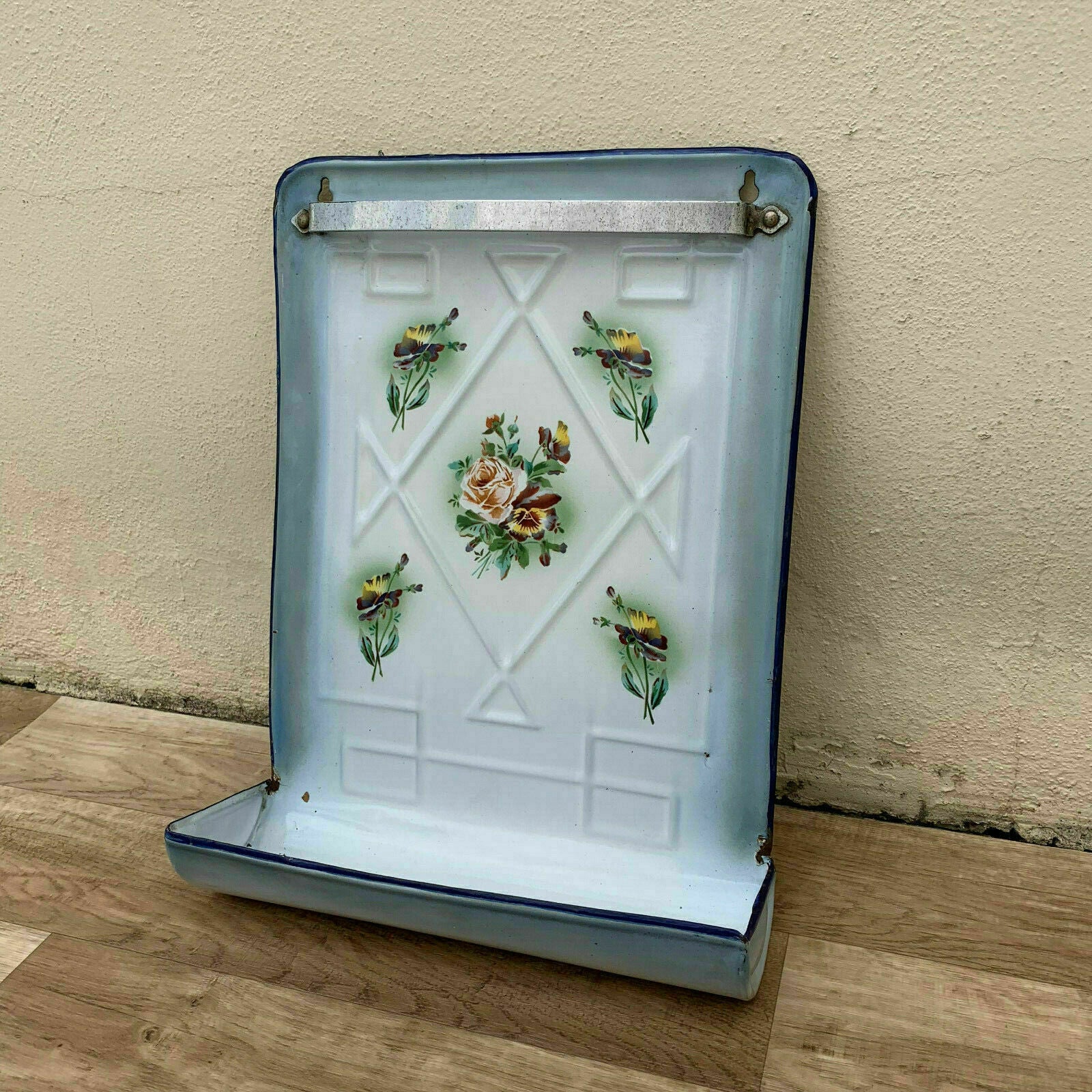 Vintage French Enamel Utensil Holder Blue Floral Wall Rack Kitchen 1107194 Fleamarketfrance