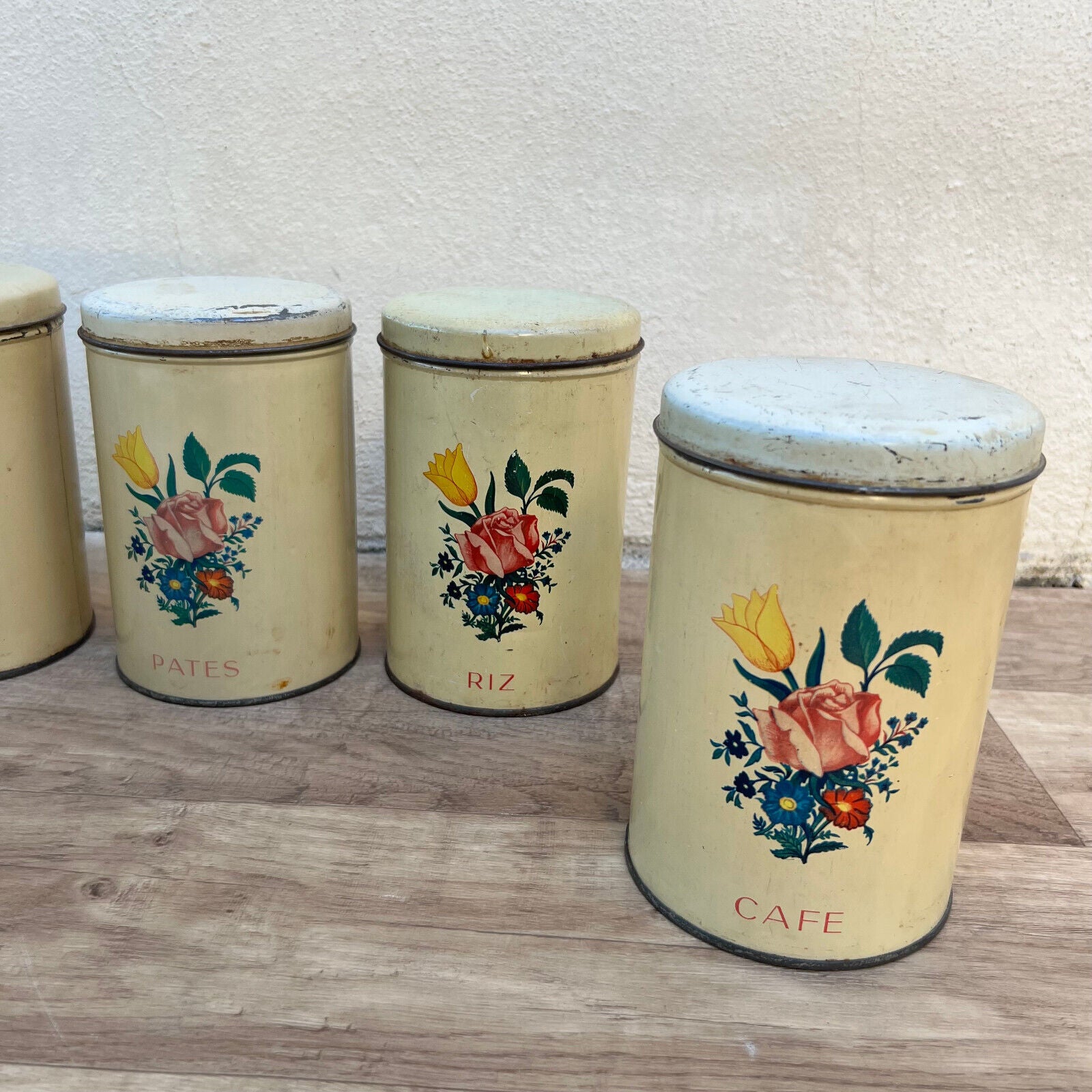 VINTAGE FRENCH METAL BOXS CANISTER SET  FLOUR SUGAR COFFEE RICE 2905241 - Fleamarketfrance