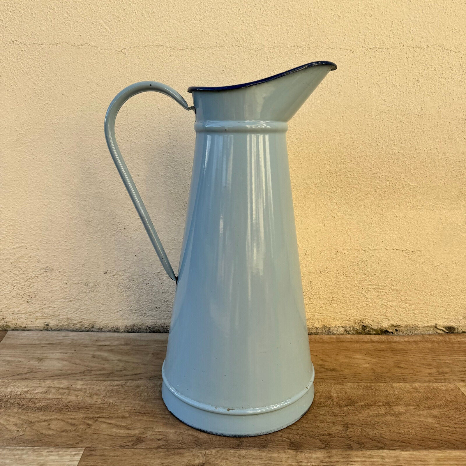 Vintage French Enamel Pitcher Jug Water Enameled Blue Grey 1302254 - Fleamarketfrance