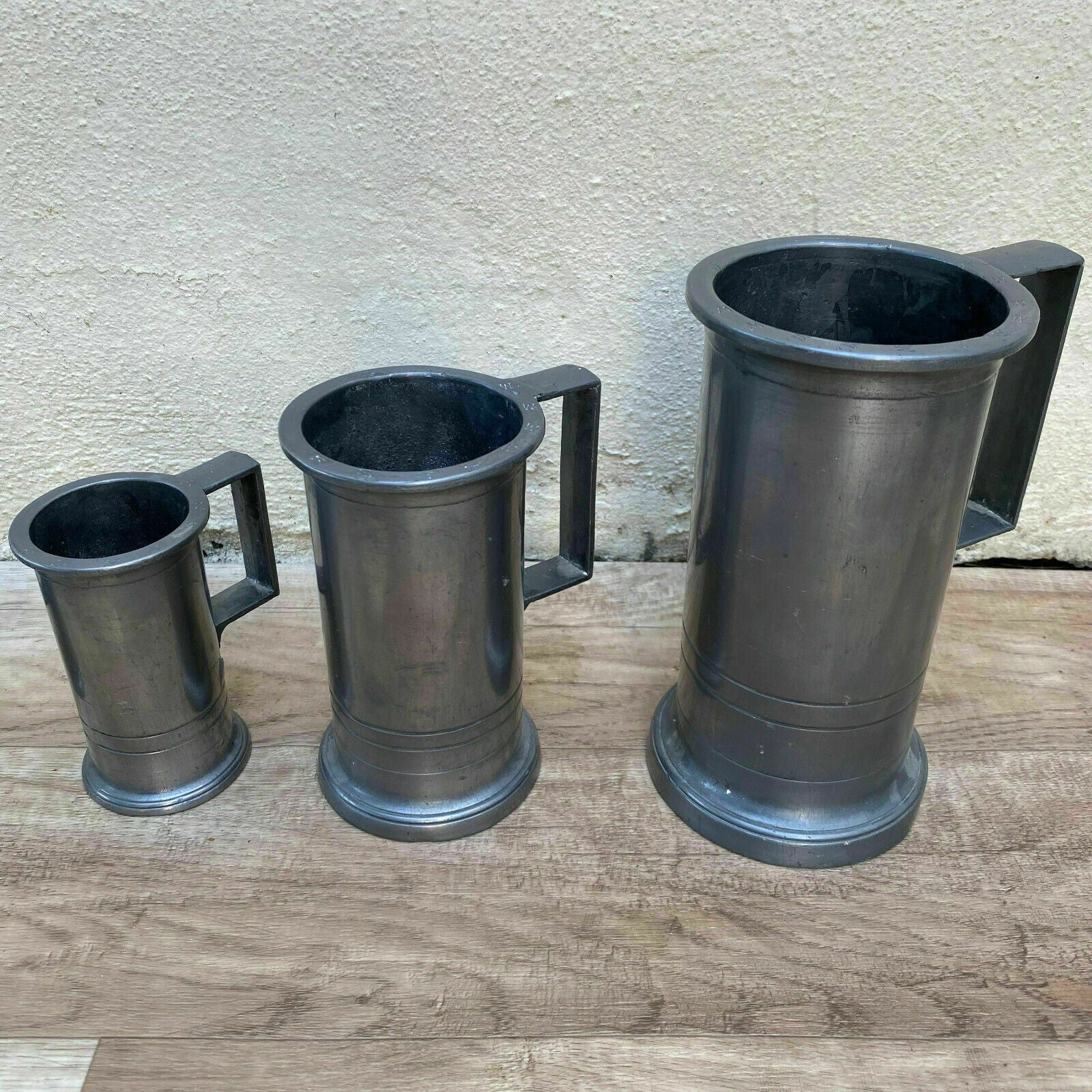 French Pewter Measures Set 6 Vintage Tin Liquid Pitchers Kitchen 0410199 Does Not Apply