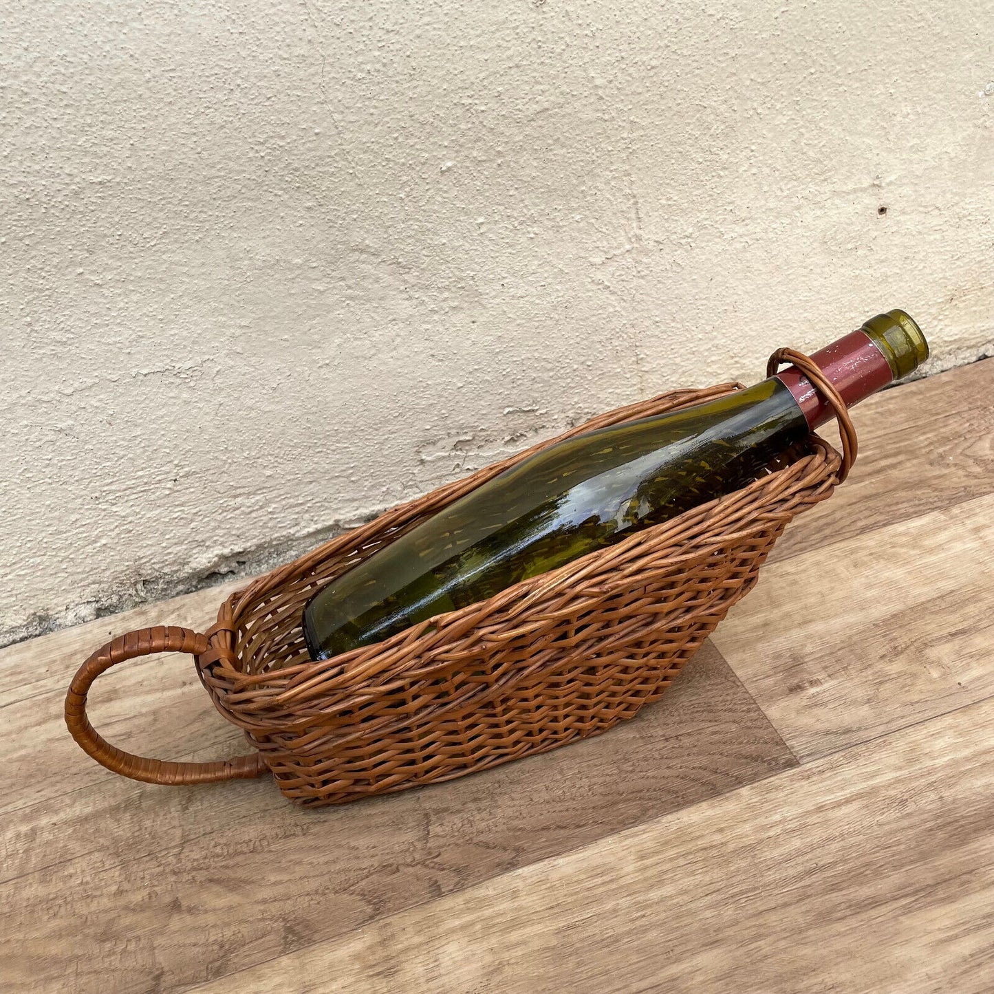 Vintage French Wine Wicker Rattan Basket Bottle Holder 1903255 Handmade