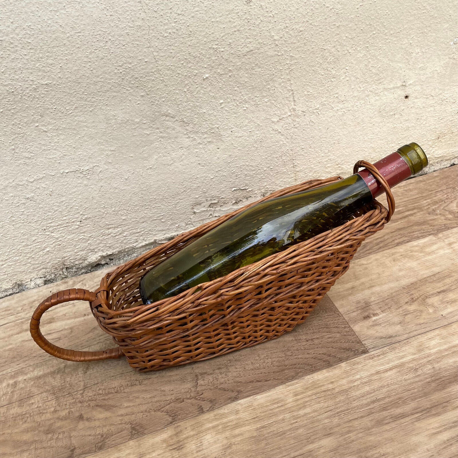 Vintage French Wine Wicker Rattan Basket Bottle Holder 1903255 Handmade