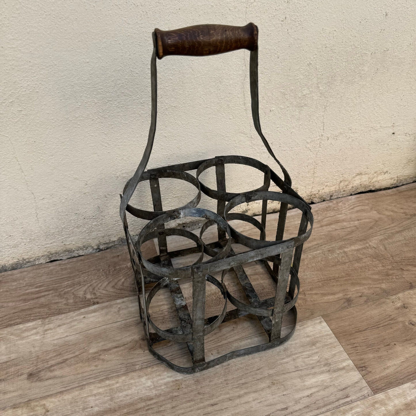 ANTIQUE VINTAGE FRENCH Handmade Metal 4 zinc Bottle Wine Carrier Basket 03092413 - Fleamarketfrance