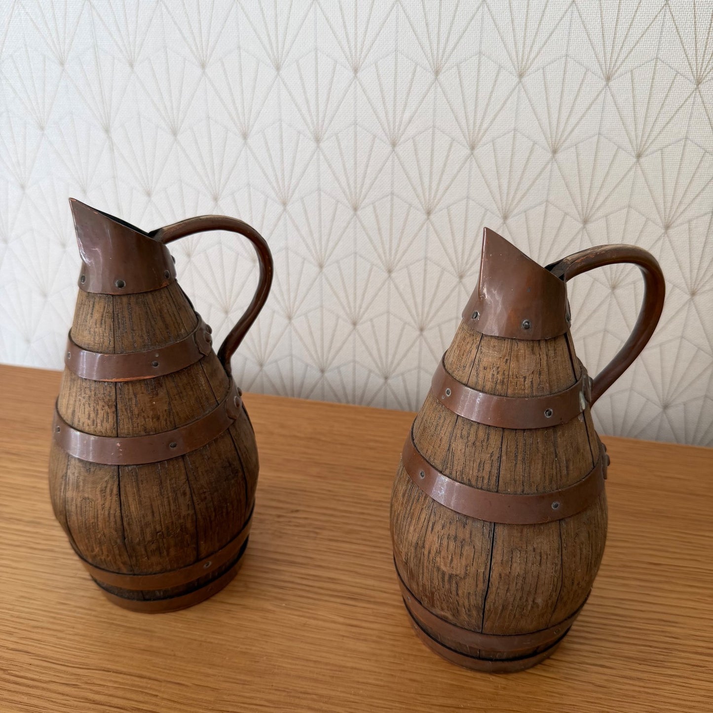 Antique French Wooden Wine Pitchers Staved Wood Metal Cider Jugs 0405261 Fleamarketfrance