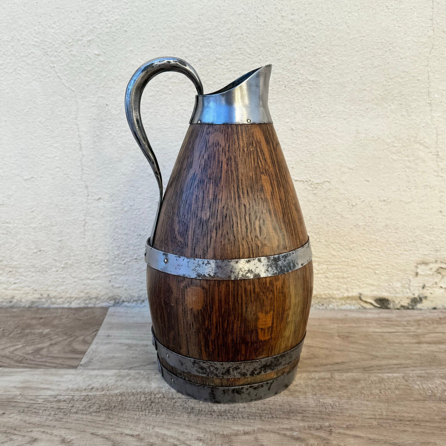 Vintage French Wooden Wine Cider Jug Pitcher Staved Wood Metal 9 3/4" 04052412 - Fleamarketfrance